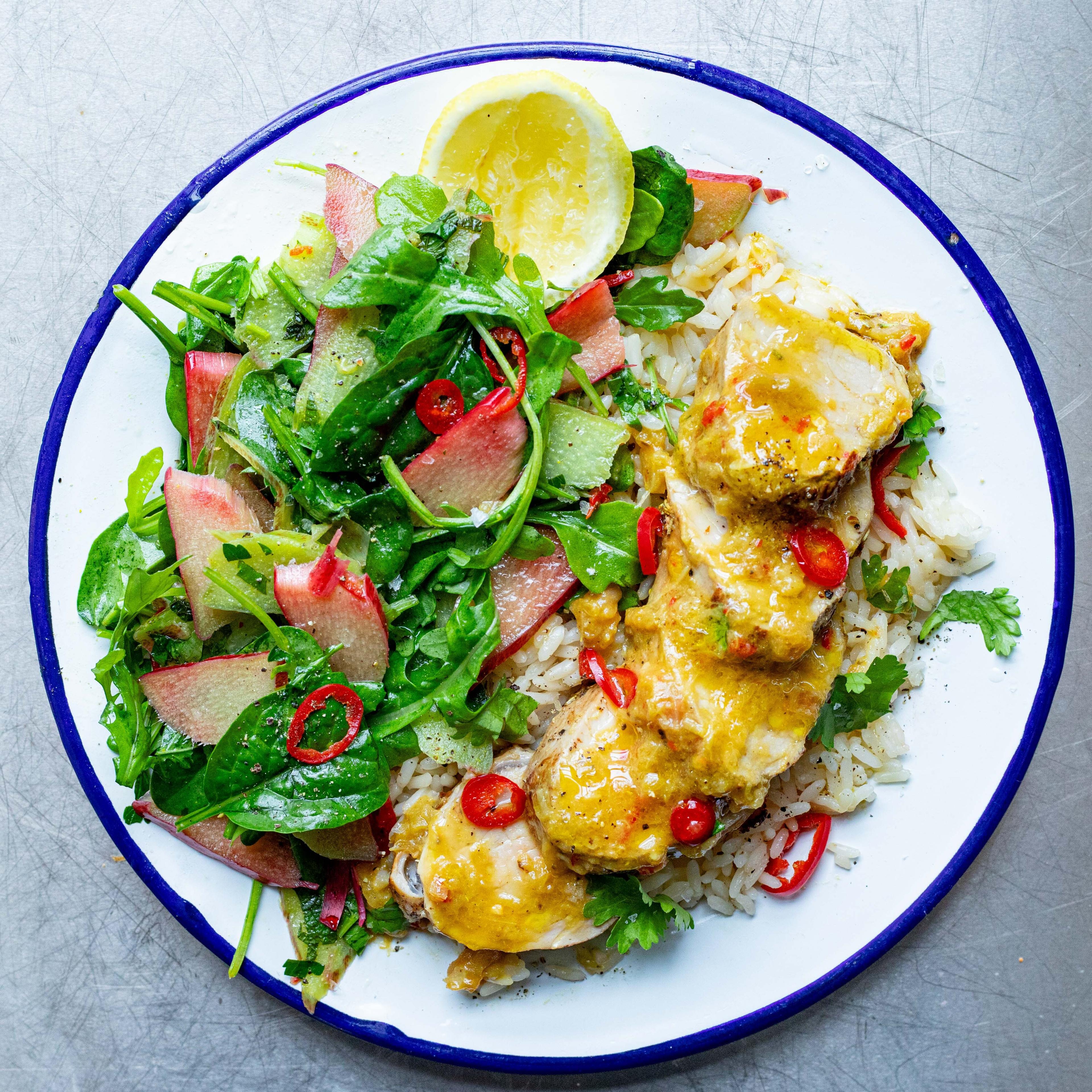 Pork Tenderloin with Spiced Rhubarb Sauce Pickled Rhubarb Herb Salad