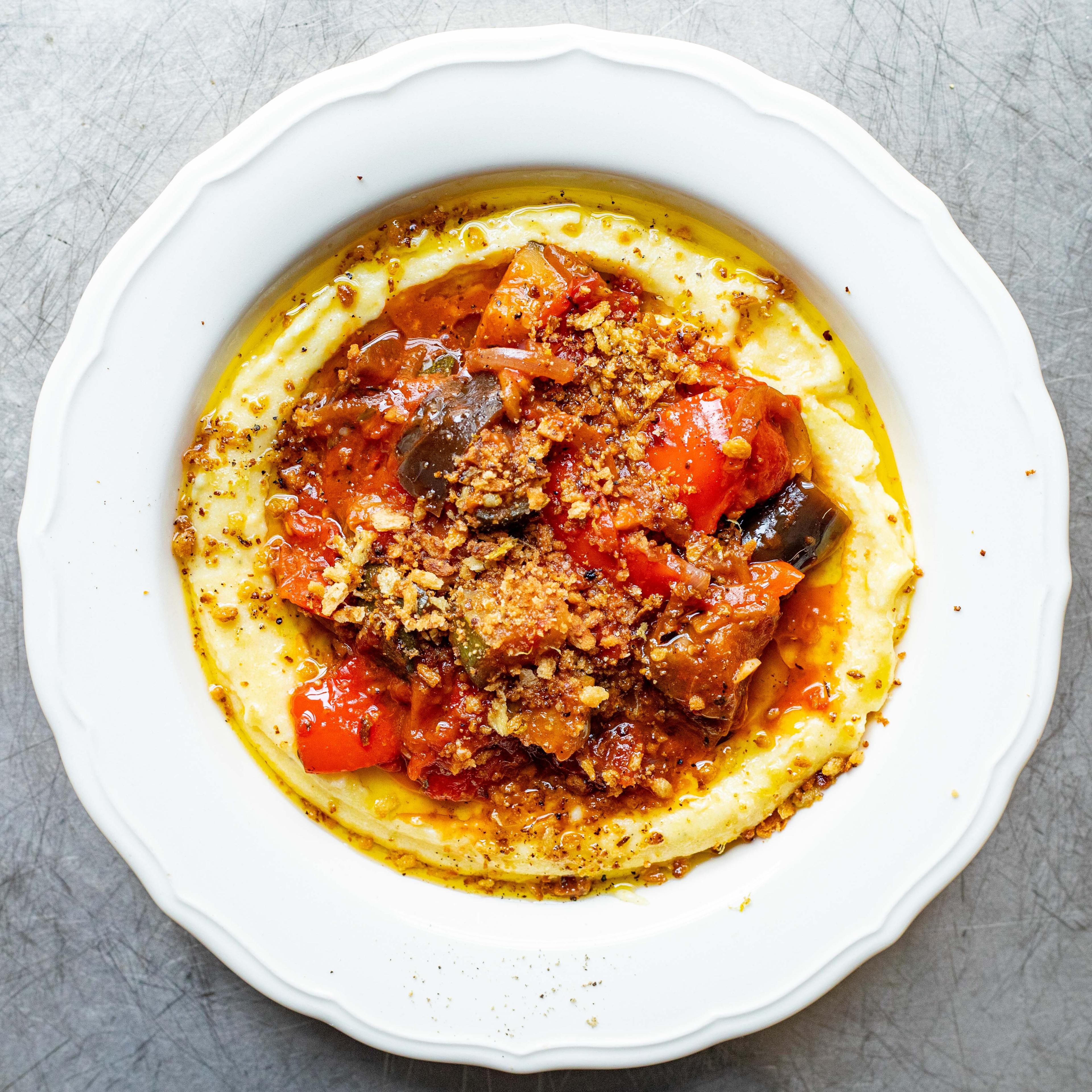 Ratatouille with Parmesan Polenta Crispy Breadcrumbs