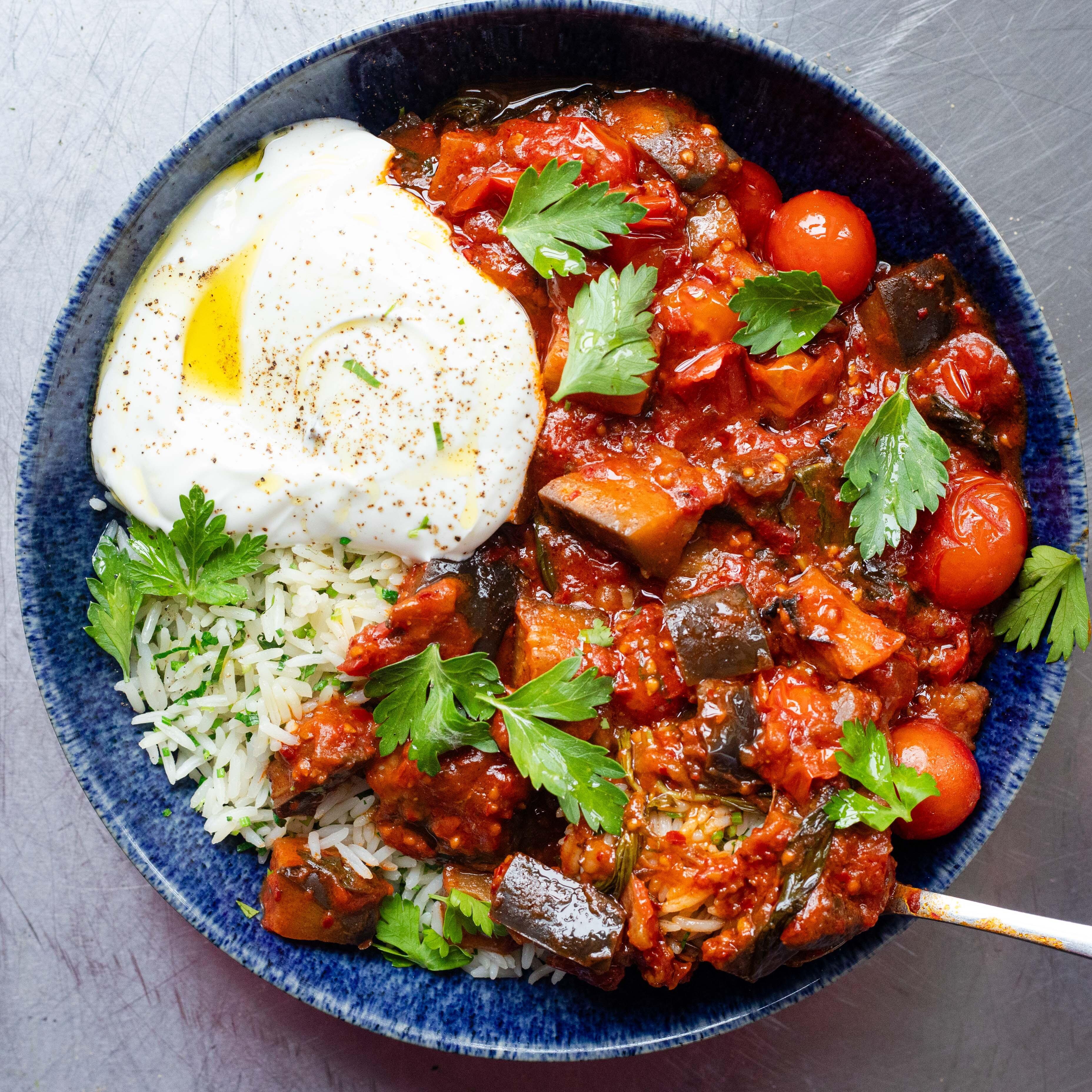 Spicy Aubergine Stew with Herby Rice