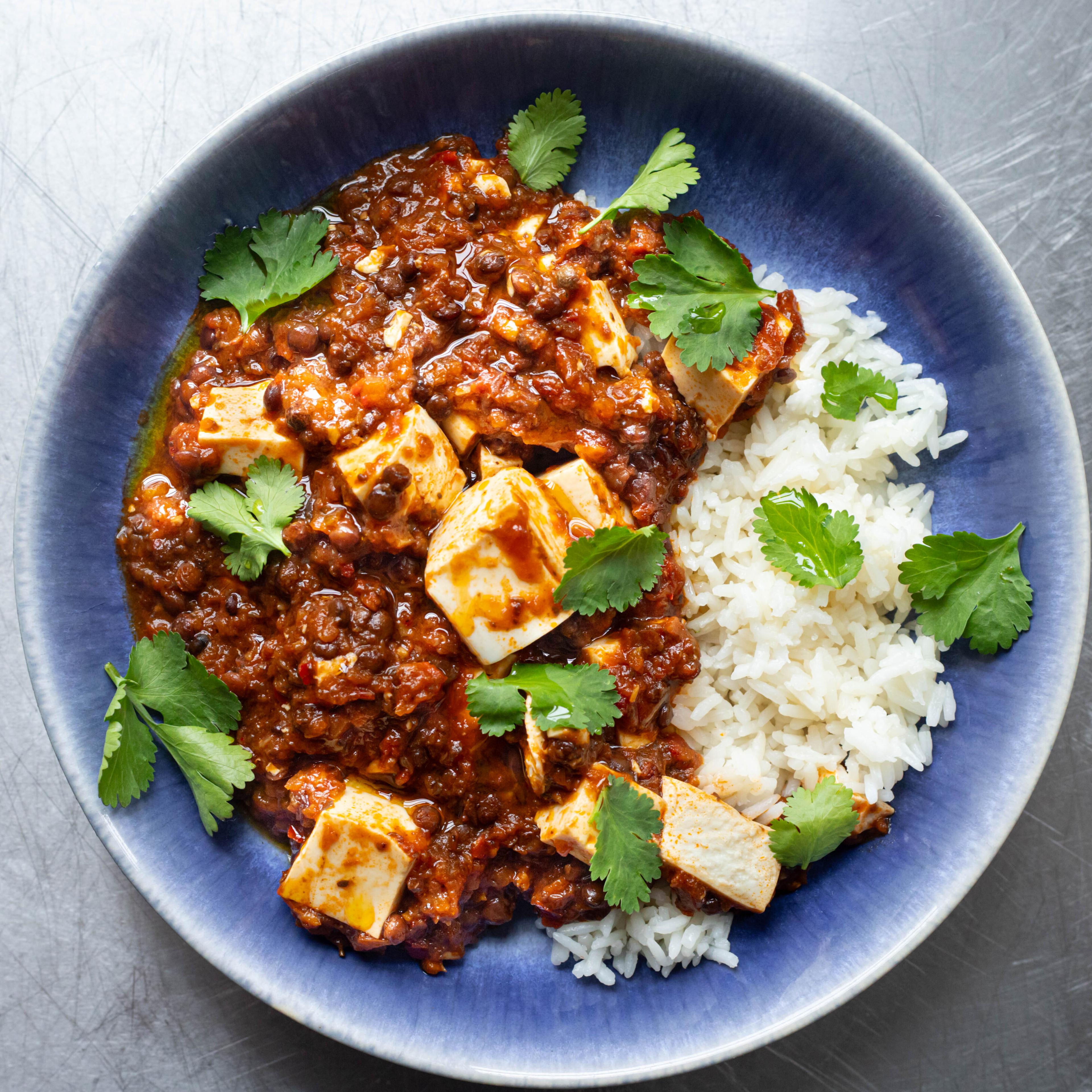 Spicy Mushroom Lentil Stew with Rice