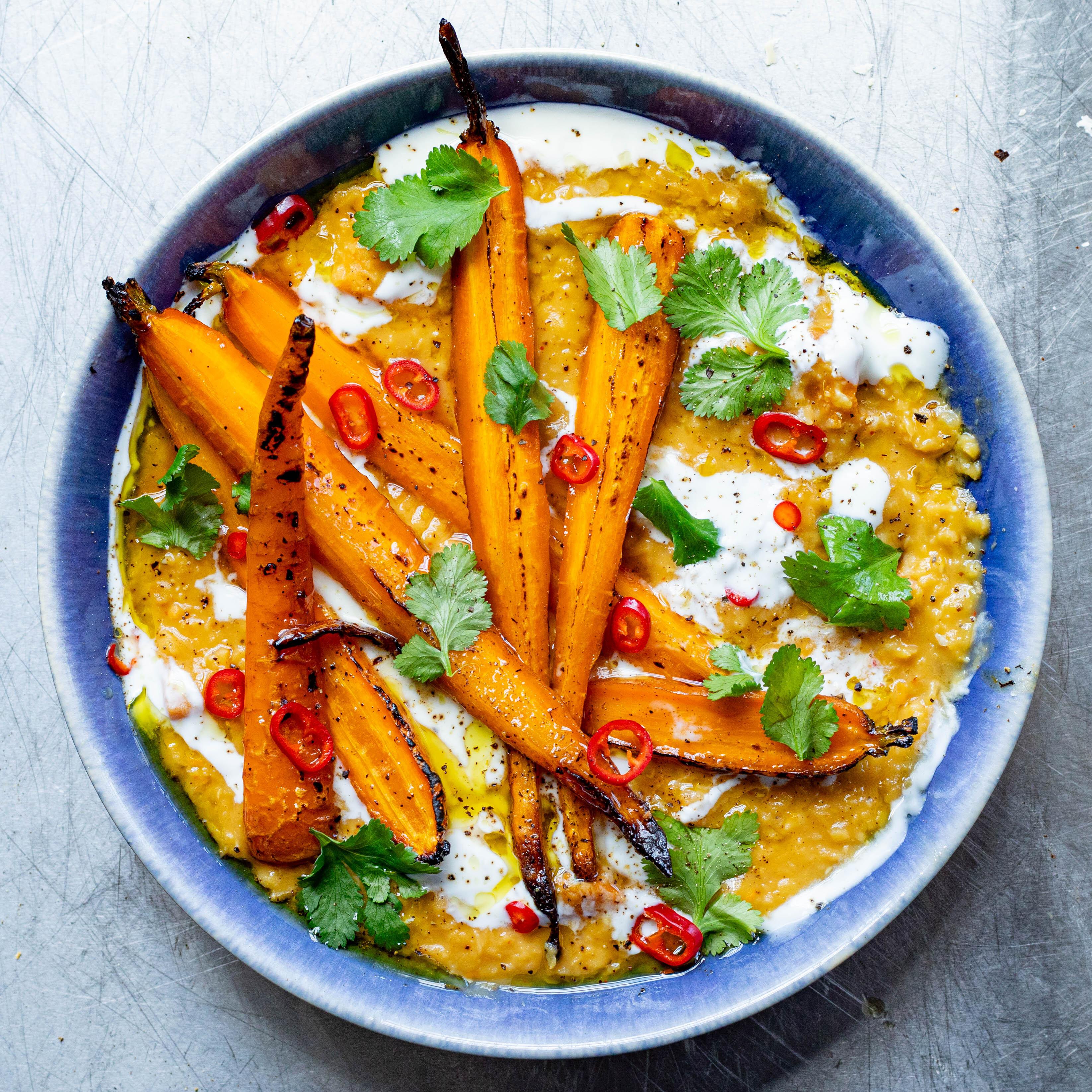 Thai Red Curry Lentils with Glazed Roasted Carrots