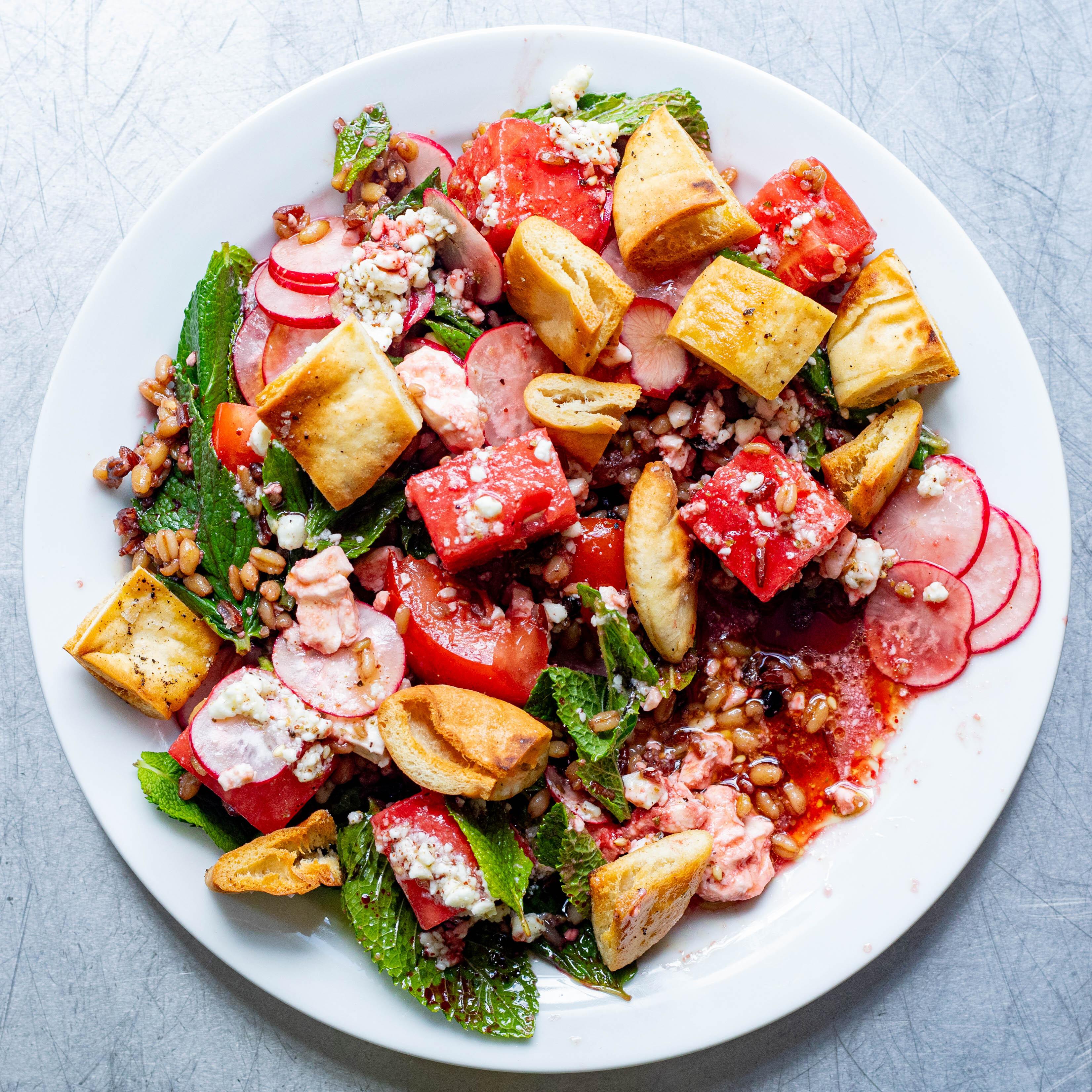 ​​Watermelon & Feta Fattoush with Crispy Flatbread Croutons