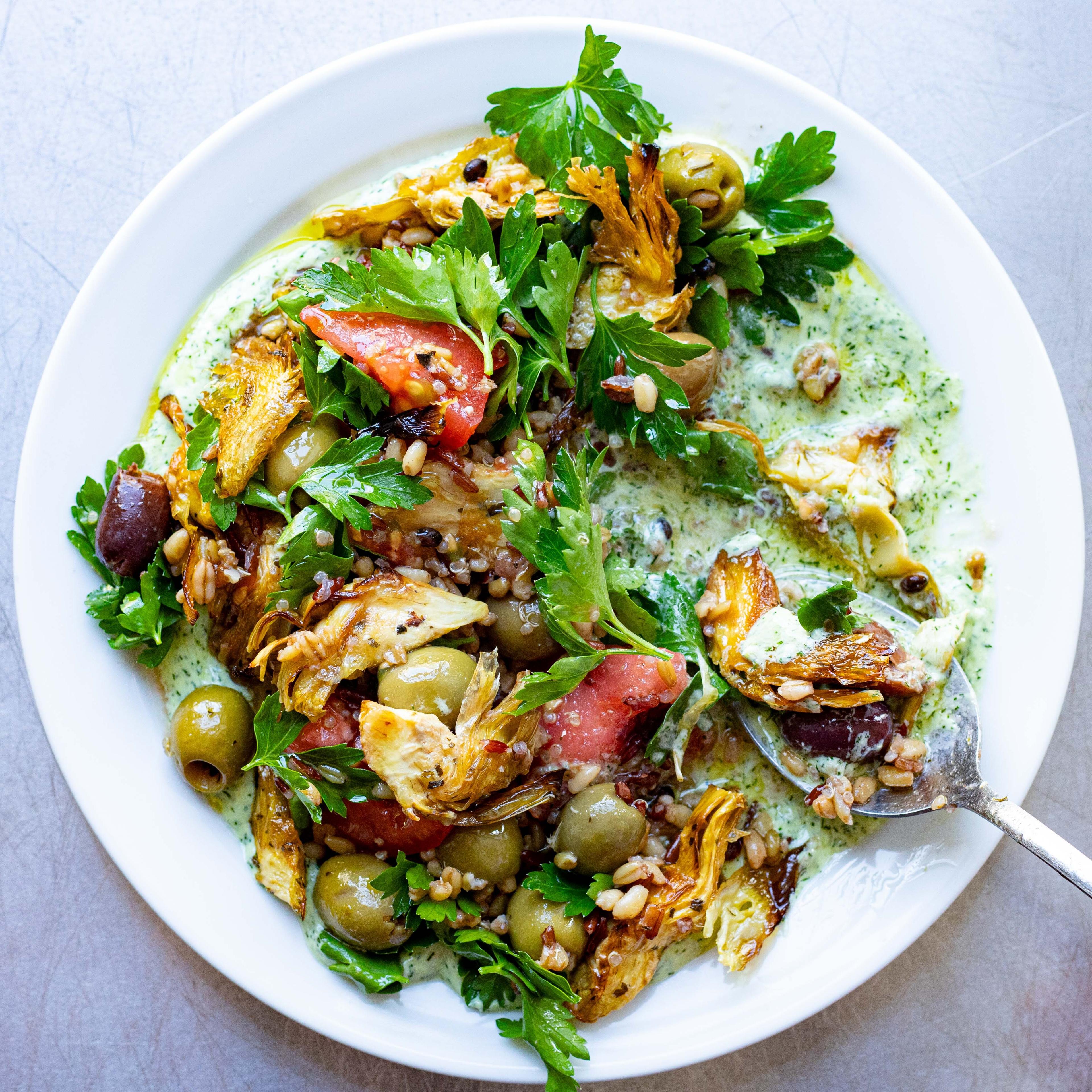 Crispy Artichoke Tomato Salad with Whipped Feta Dressing