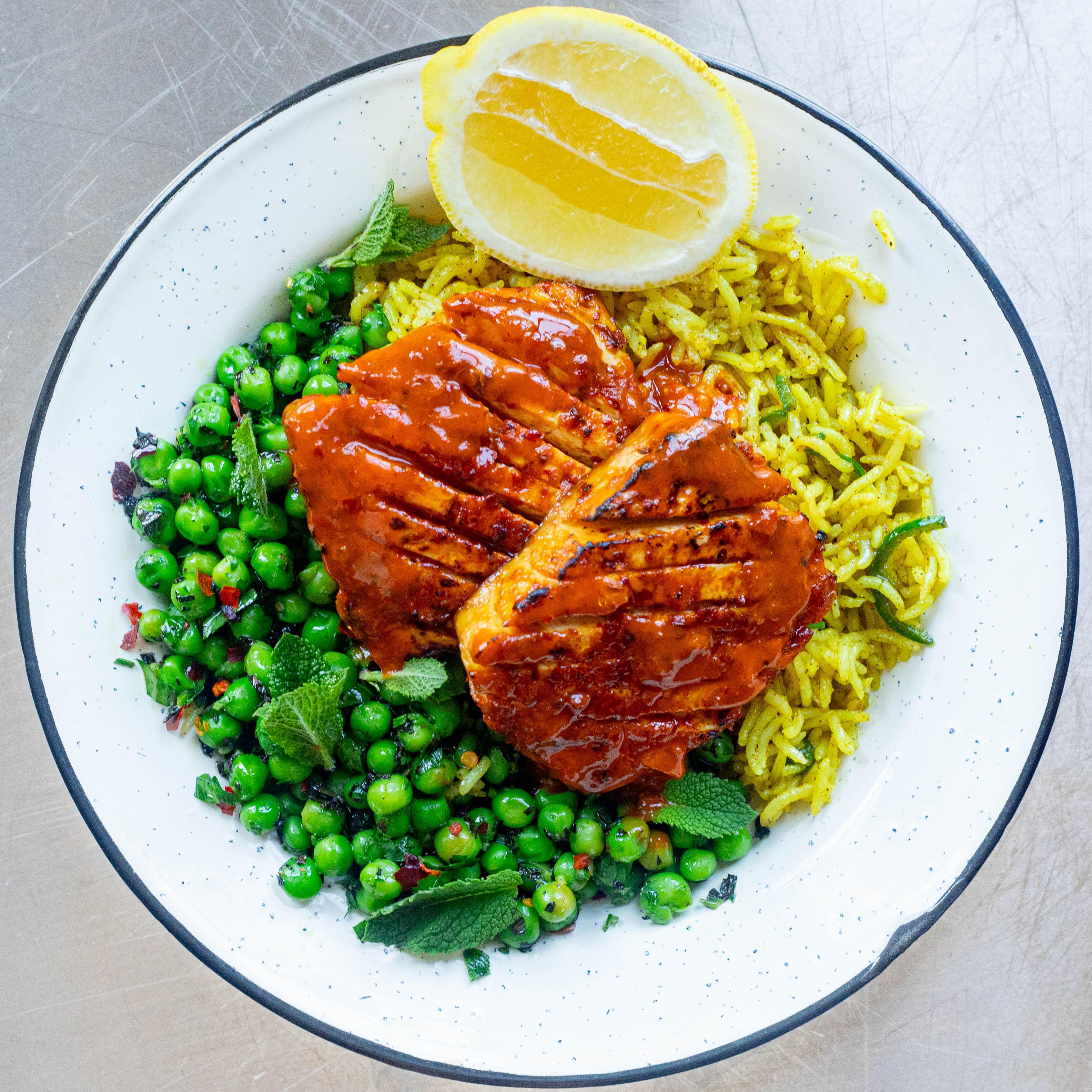 Peri Peri Tofu with Spiced Rice Herby Peas
