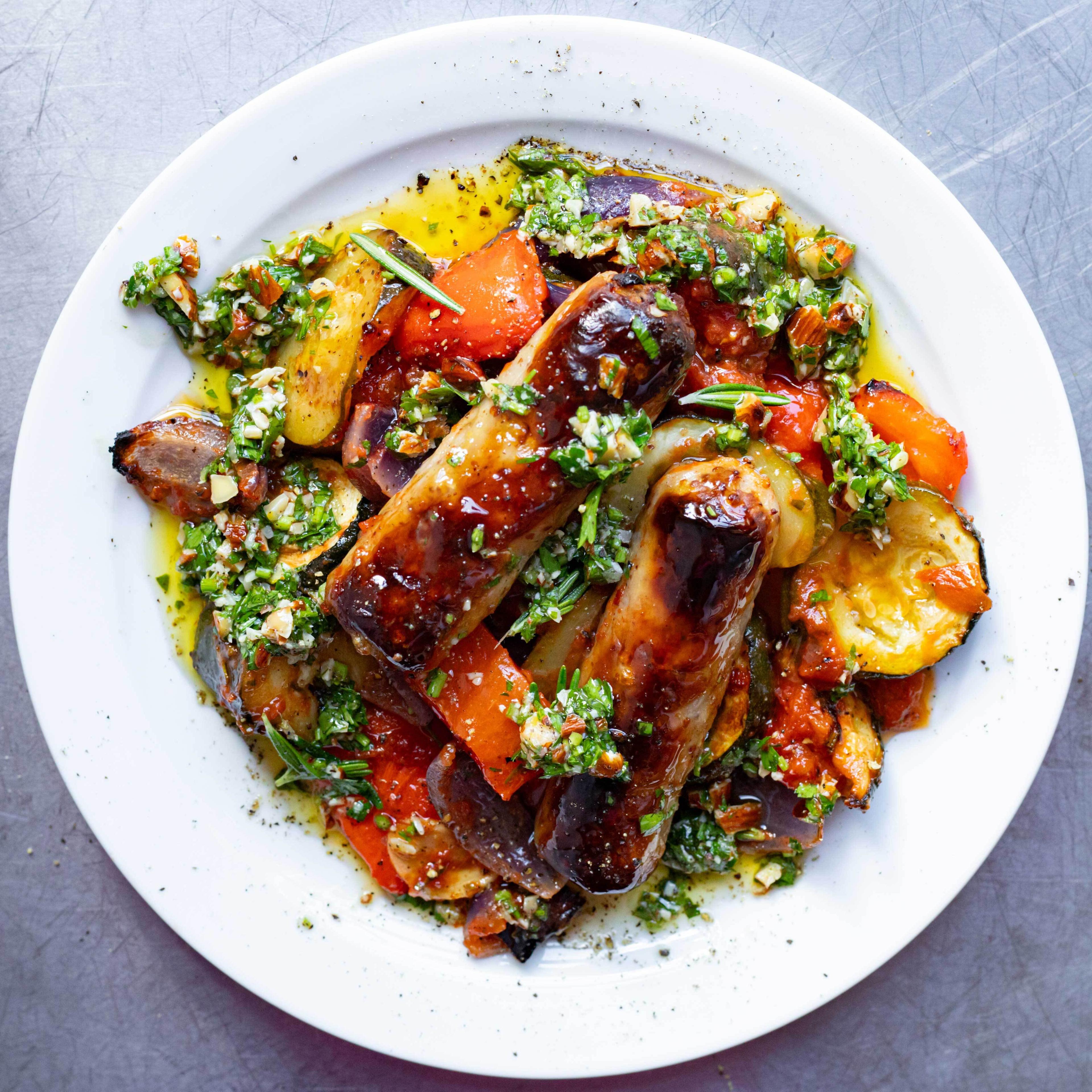 Sausage Ratatouille With Almond Pesto Traybake