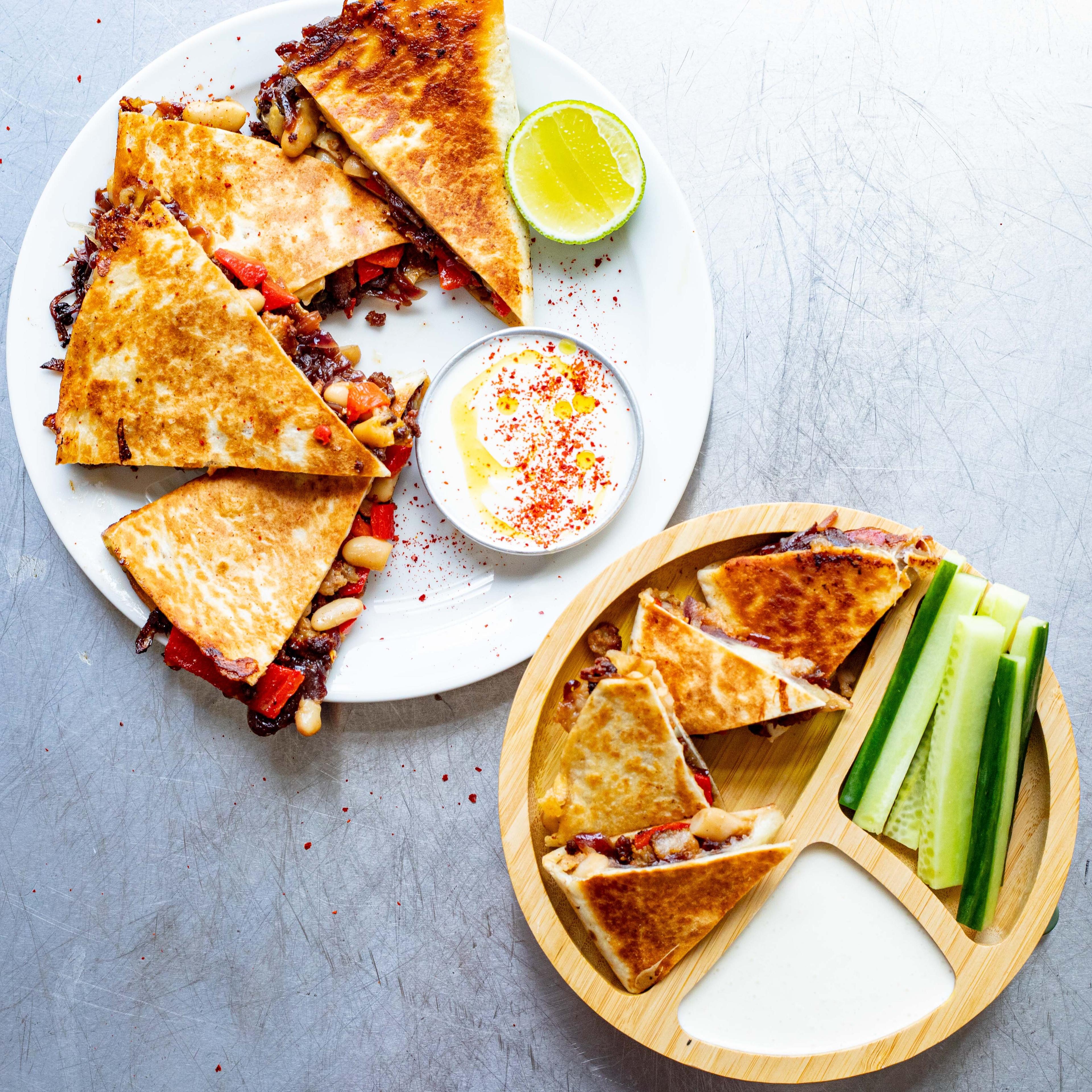 Sausage Roasted Pepper Quesadillas with Parmesan Dip
