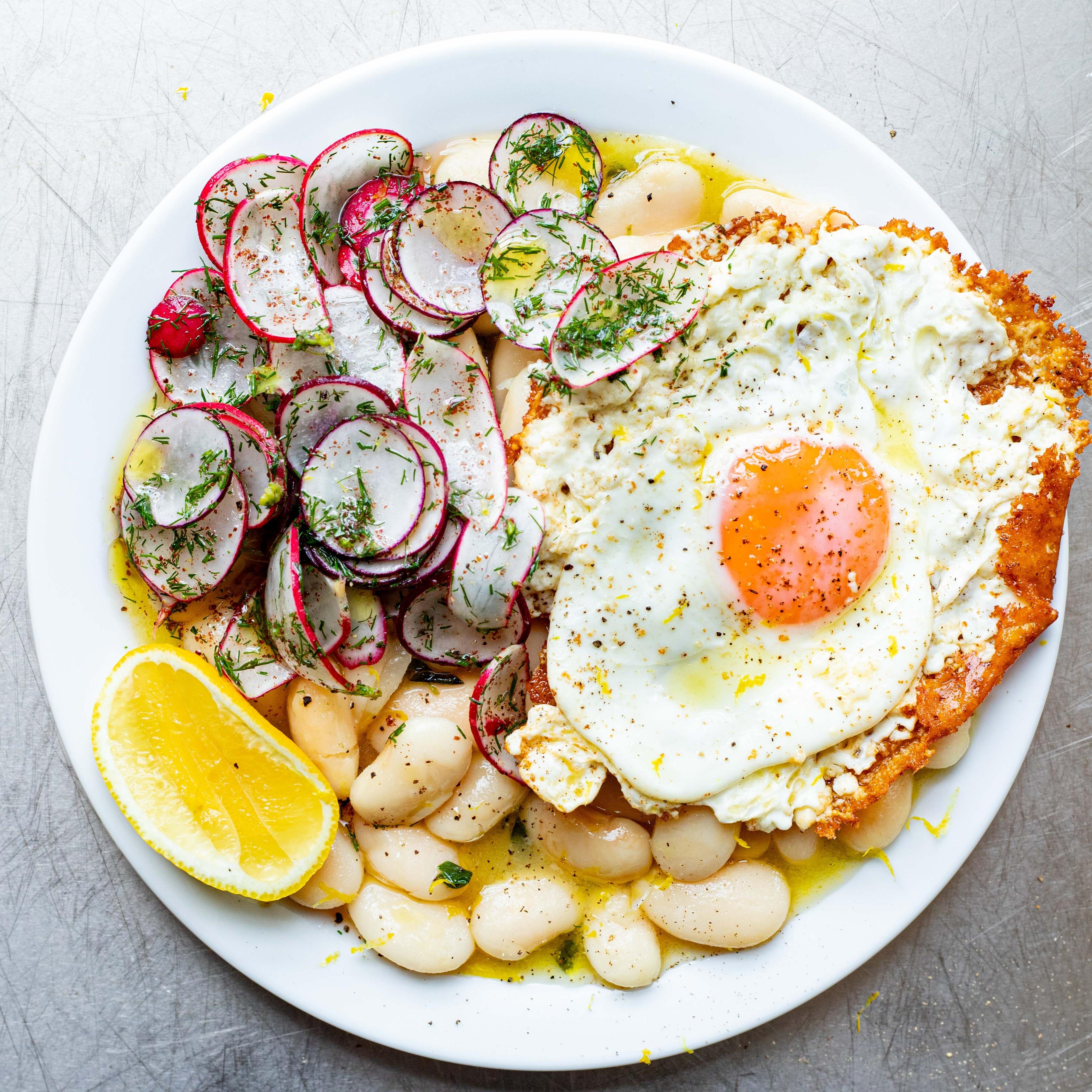 Sunshine Beans and Dilly Radish Salata with Feta Fried Eggs