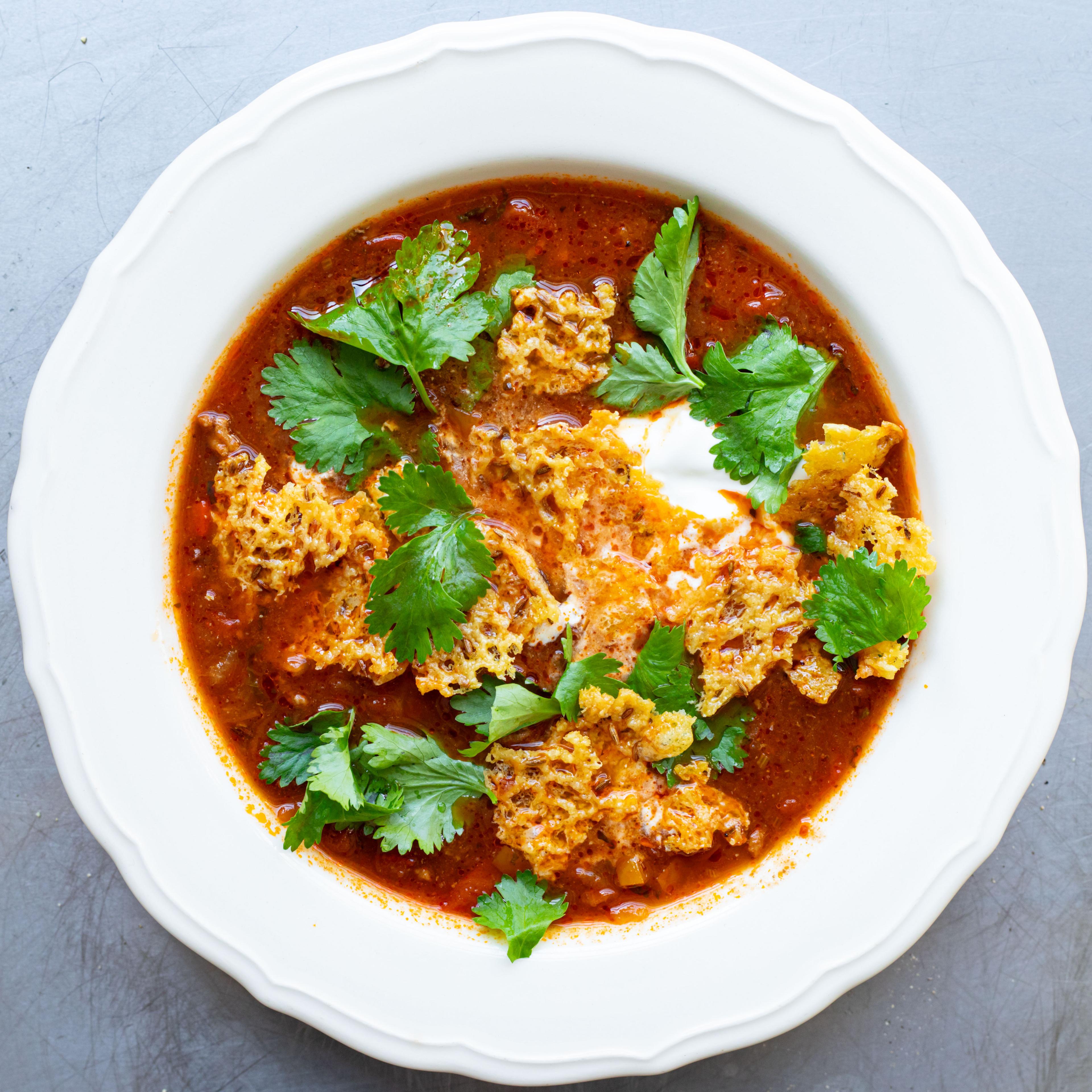 Chilli Con Carne Soup with Crispy Cheddar Croutons