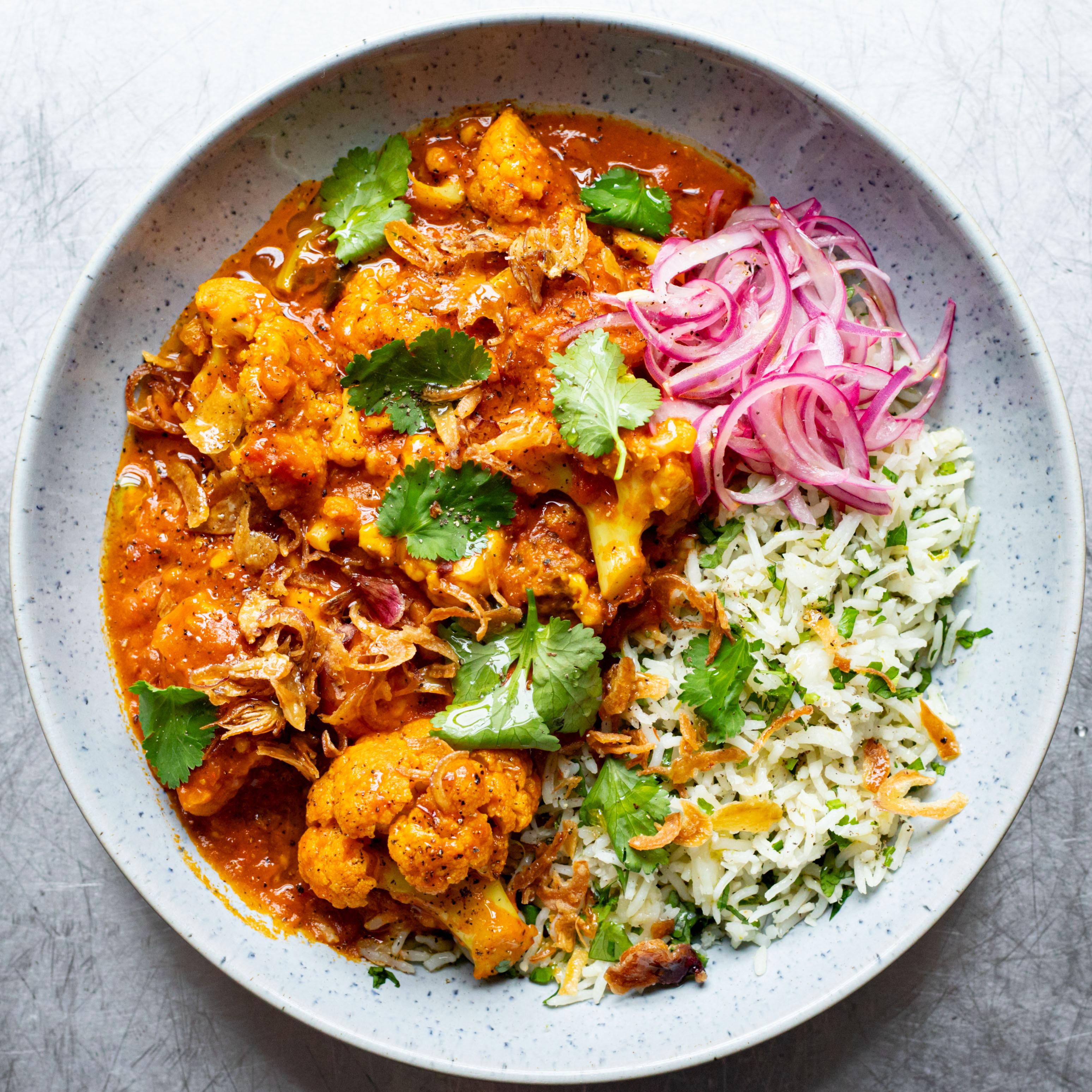 Creamy Cauli Halloumi Bowl with Limey Coriander Rice