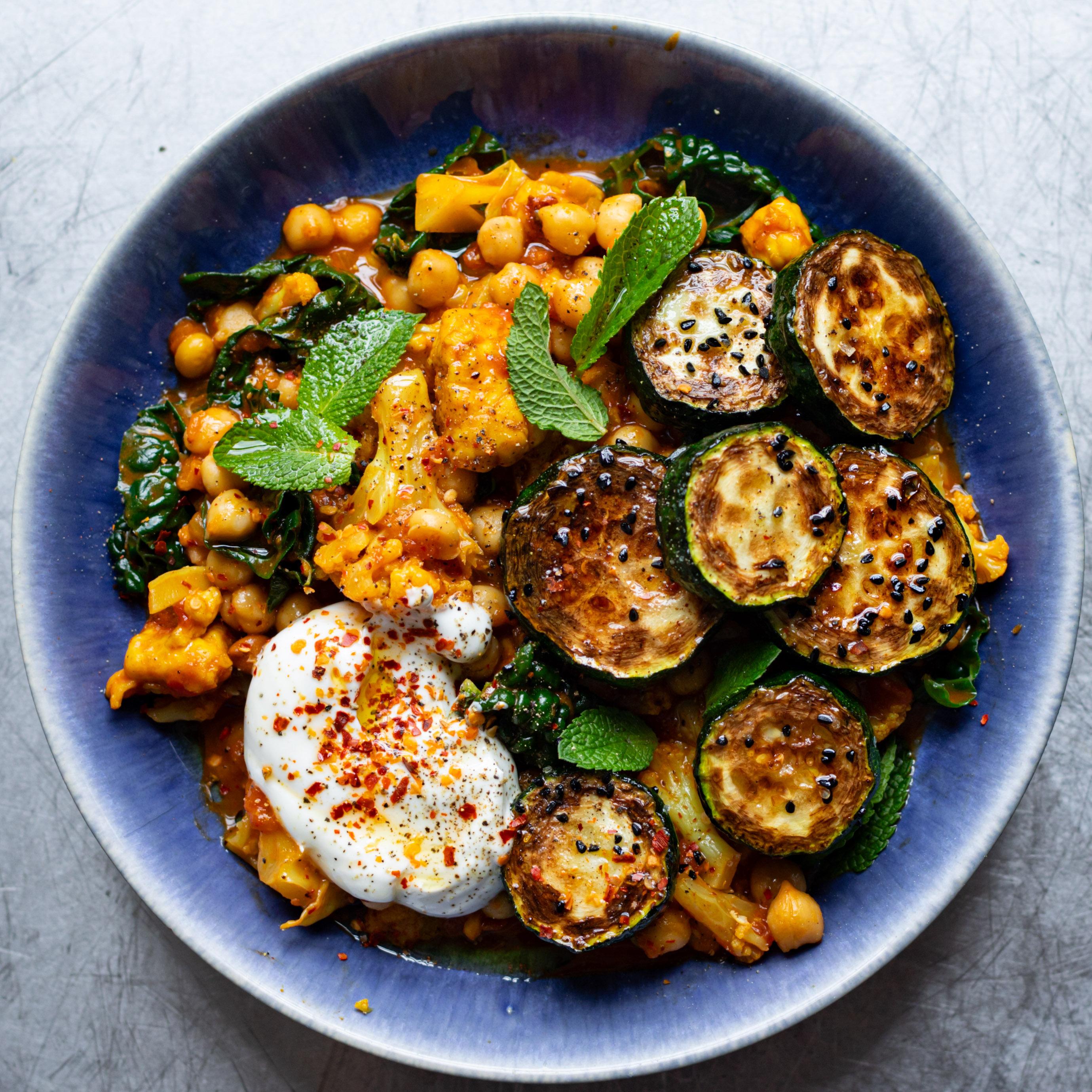 Creamy Halloumi Chickpea Curry with Charred Veg
