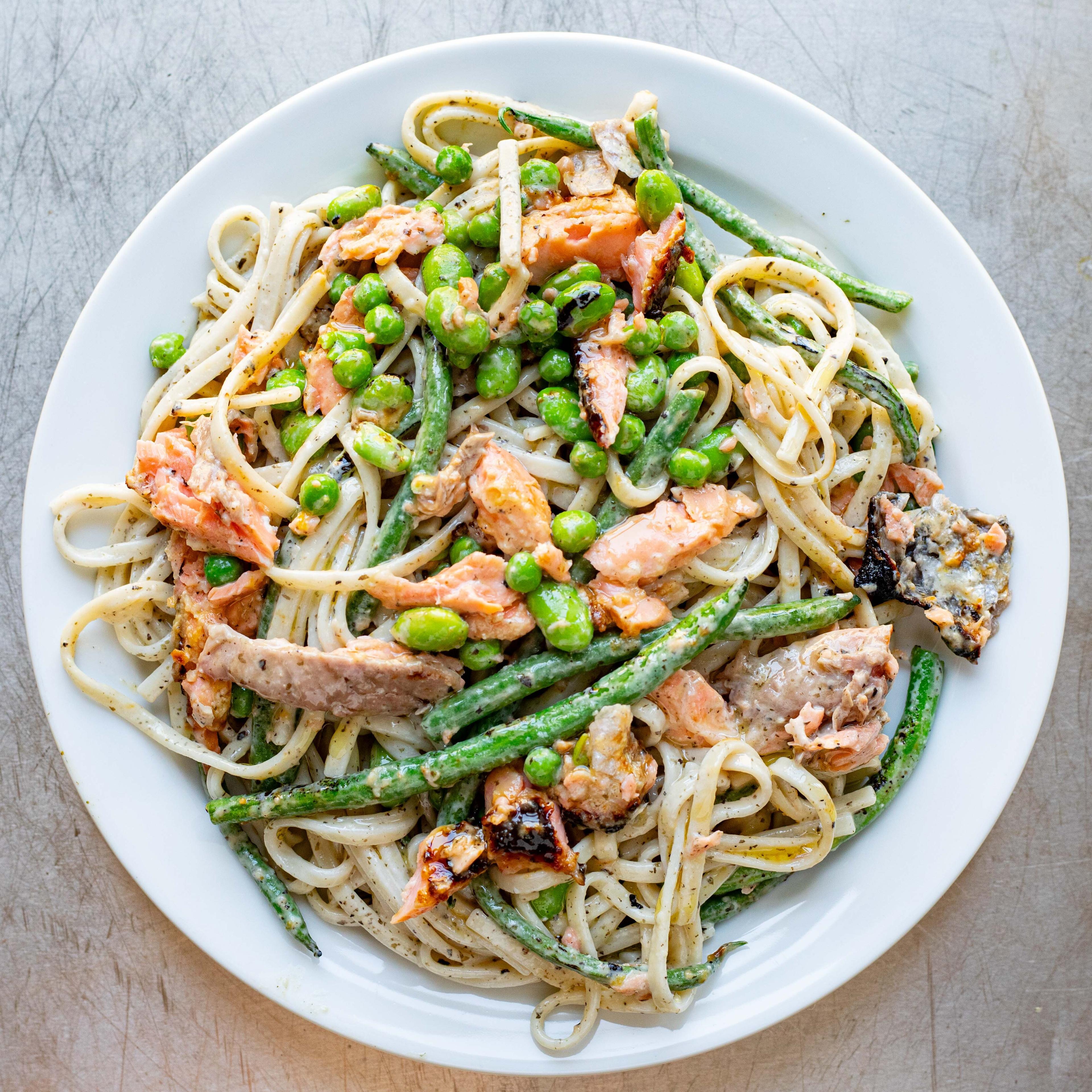 Creamy Tahini Miso Salmon Noodles