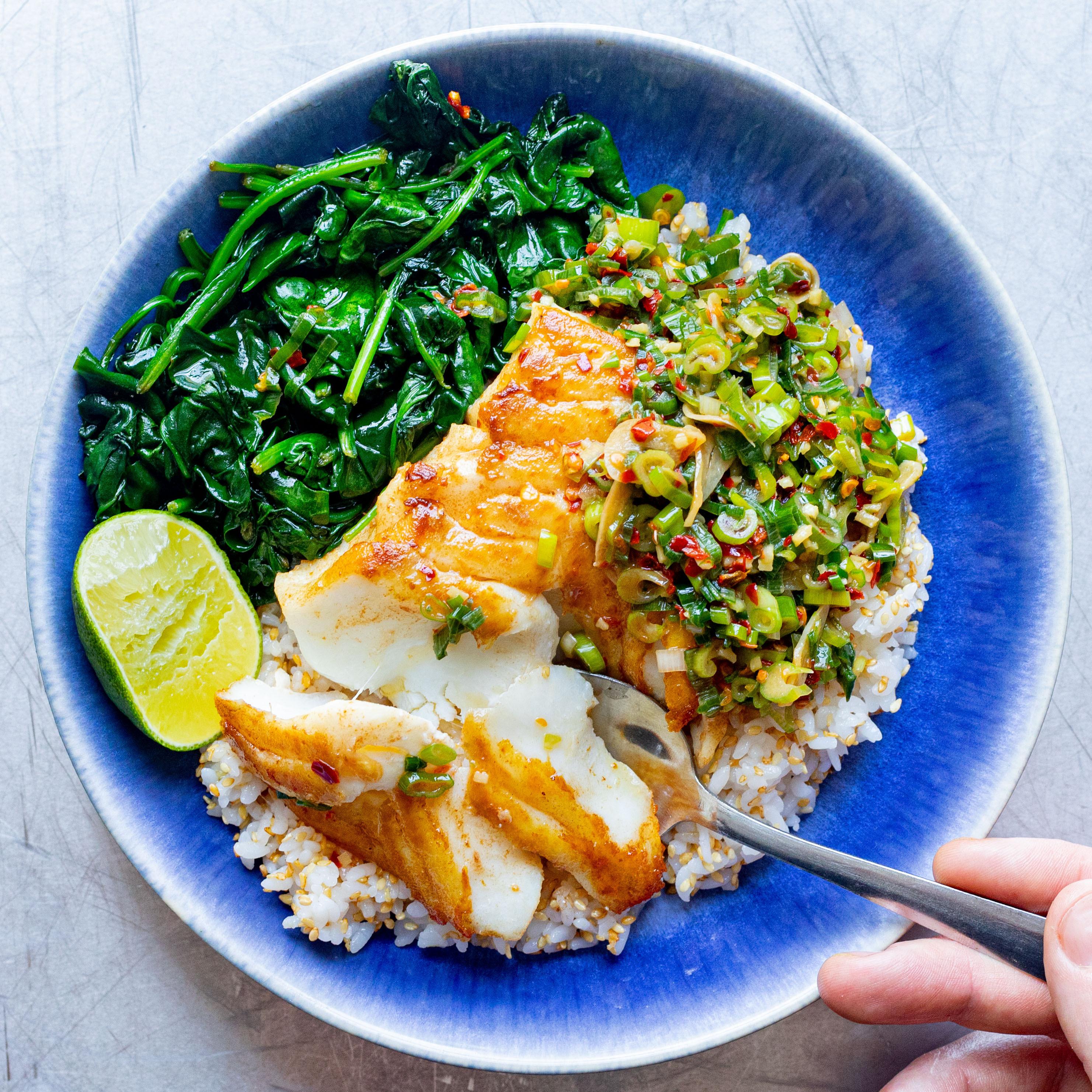 Crispy Cod with Spring Onion Sesame Butter Sauce