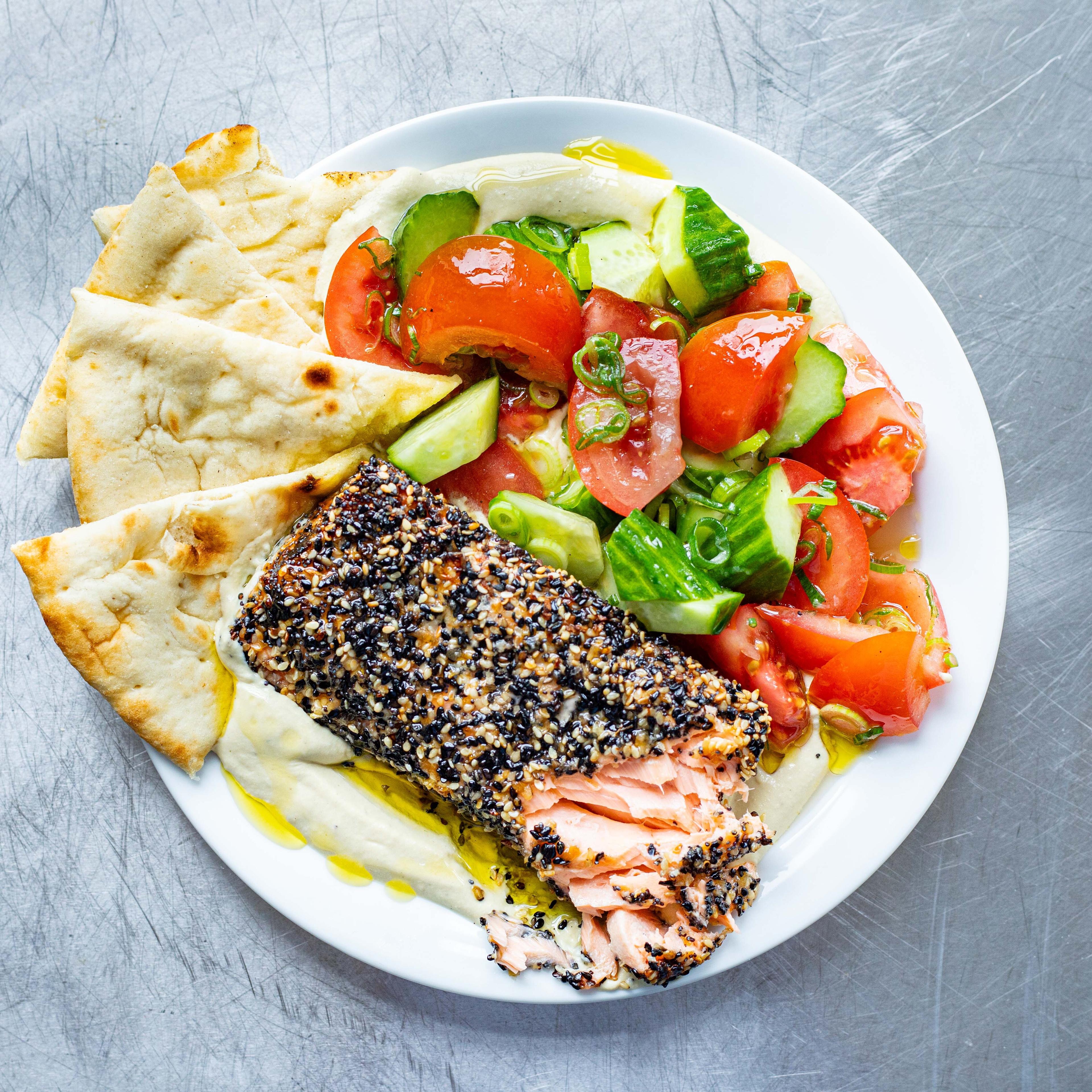 Everything Salmon Pesto Hummus Bowl