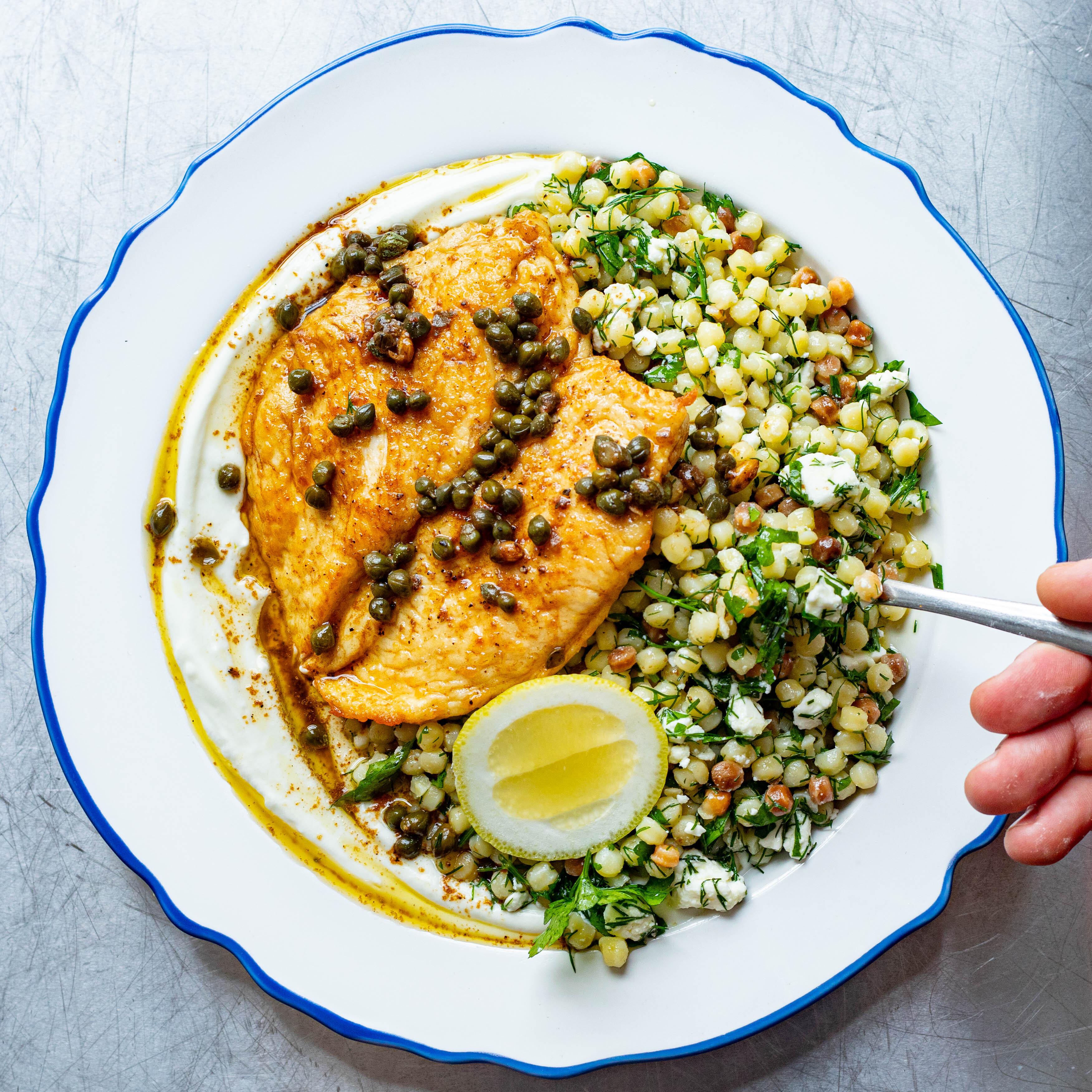 Golden Chicken with Olive Herb Feta Fregola