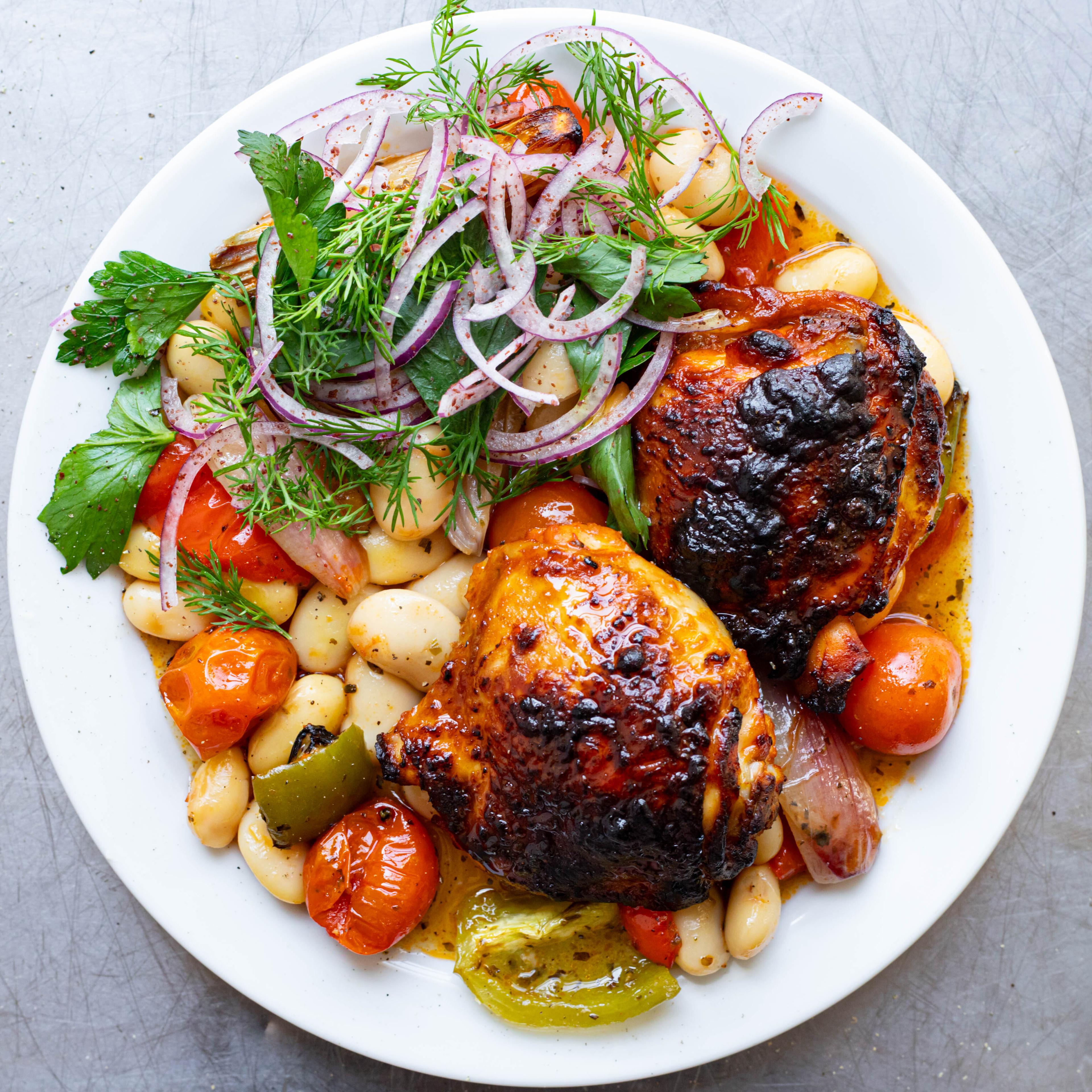 Honey Dijon Chicken Bean Bake with Sumac Onions Herb Salad