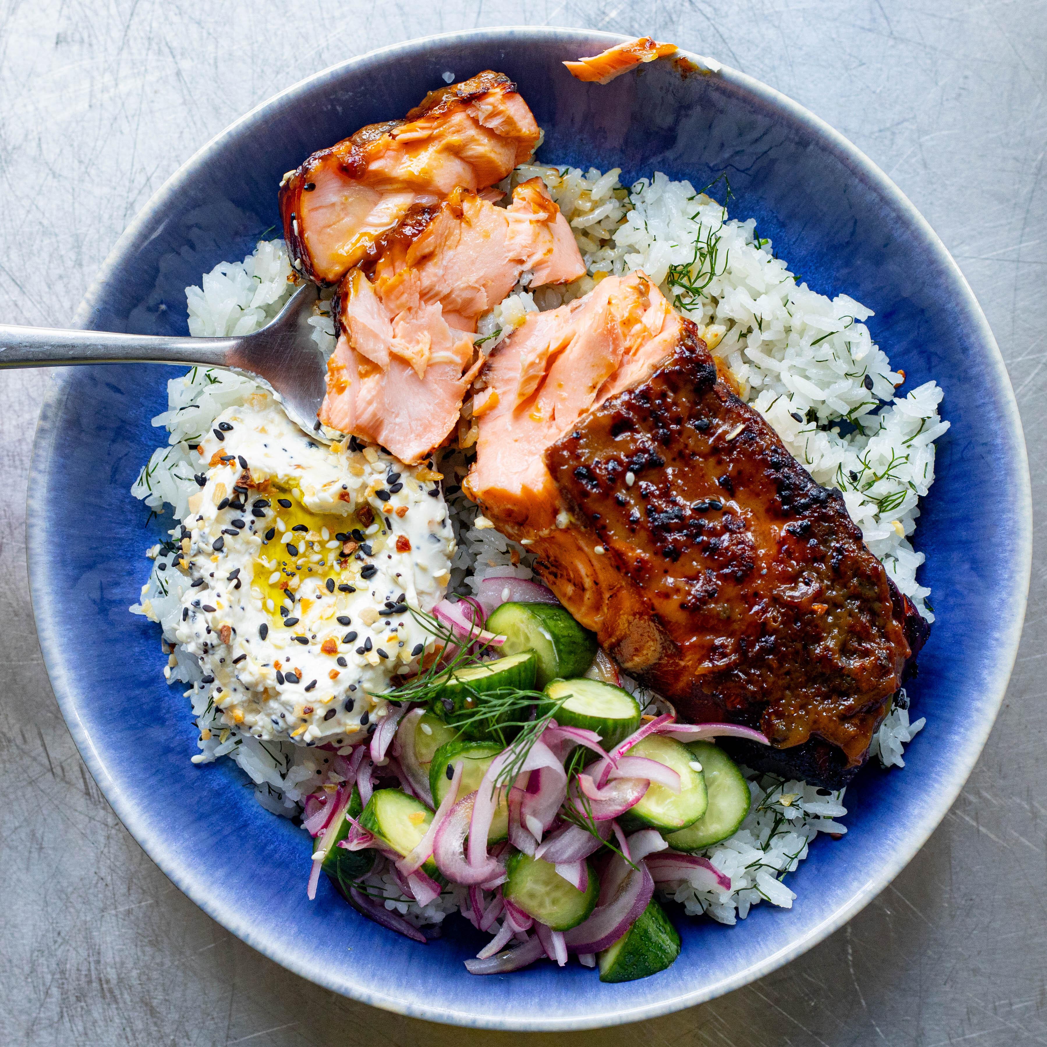 Honey Mustard Salmon with Dilly Rice Everything Bagel Cream Cheese