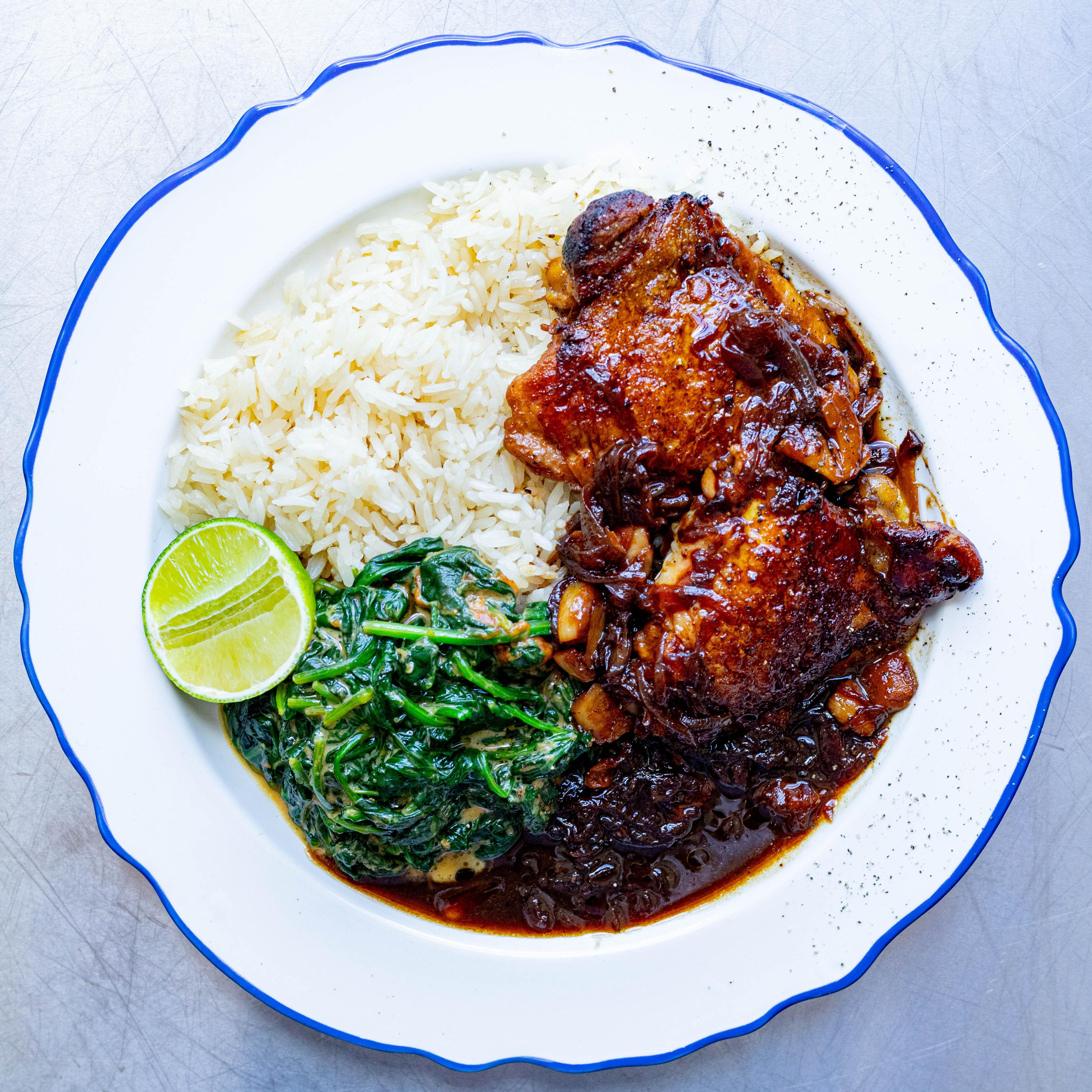Oven Roasted Chicken Adobo with Peanut Butter Greens