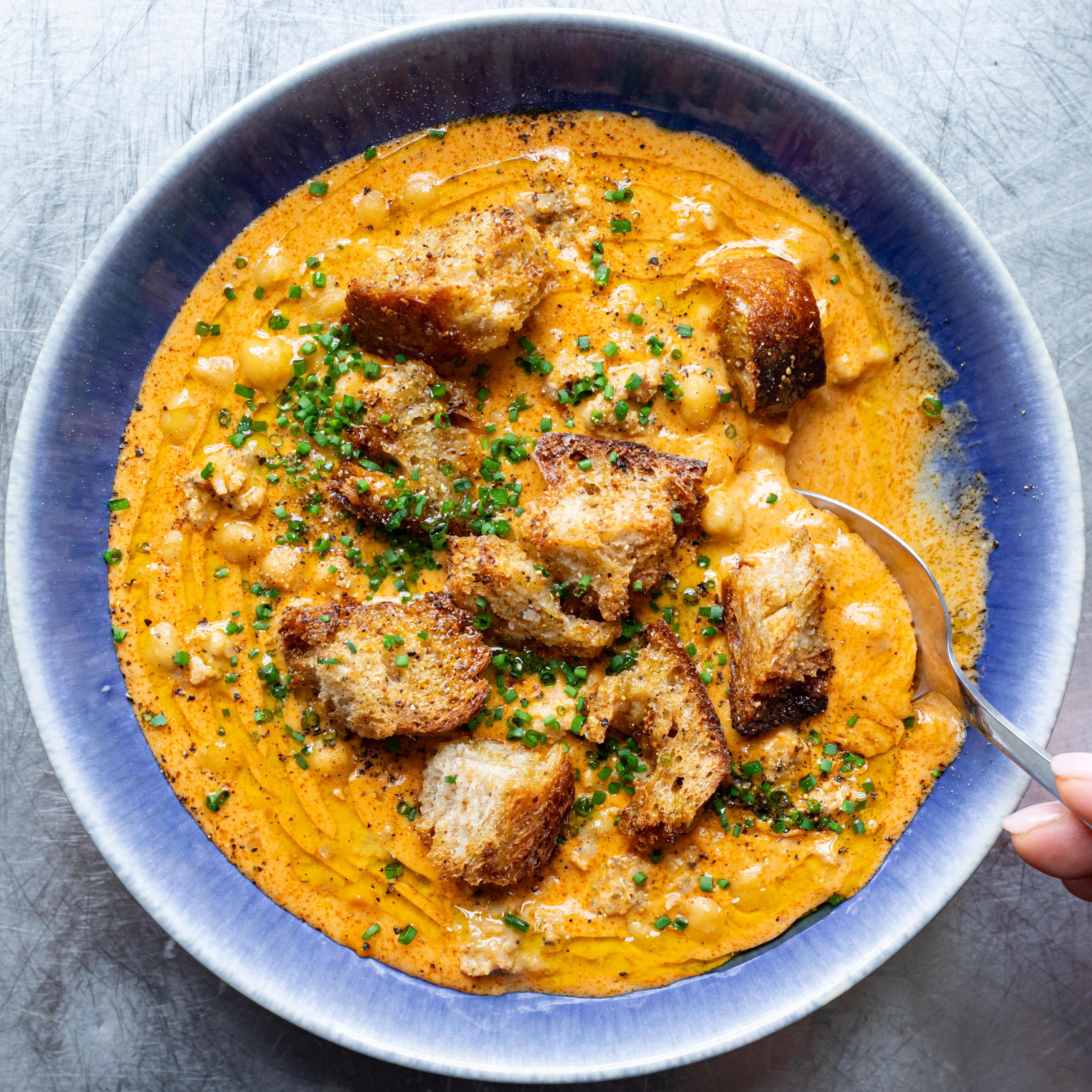 Sausage Gochujang Chickpea Soup with Garlic Croutons