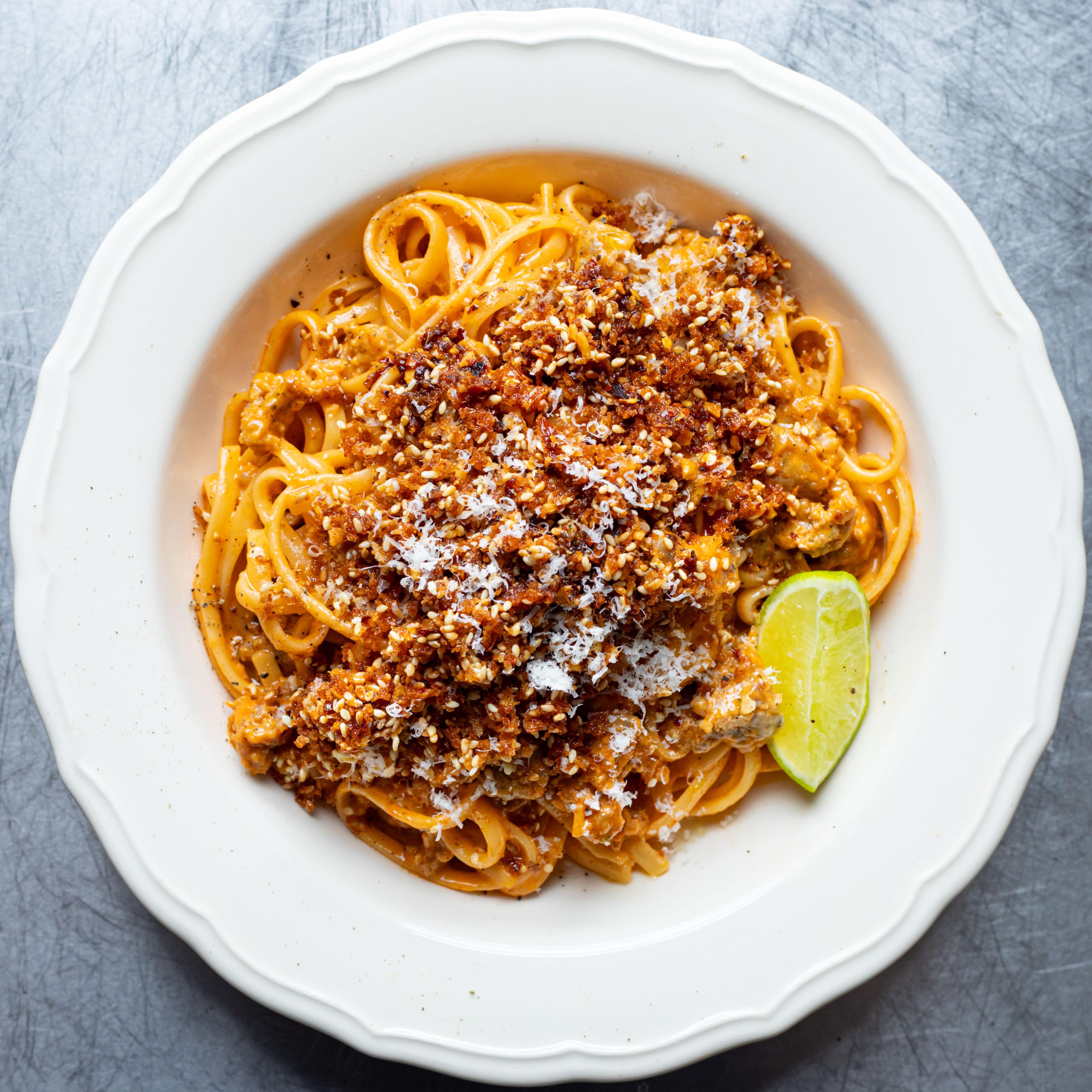 Sausage Gochujang Linguine with Sesame Pangrattato