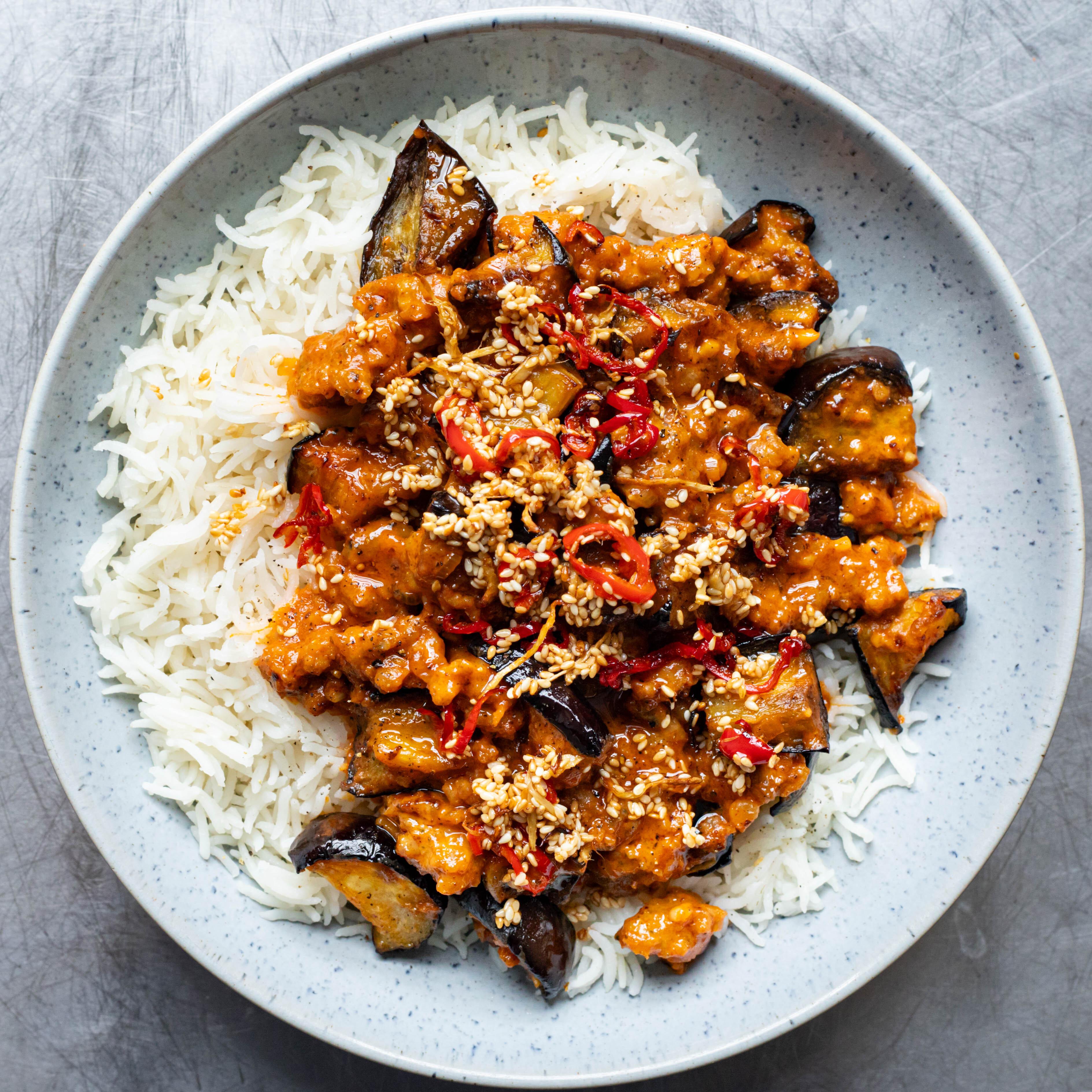 Sticky Gochujang Roasted Aubergine Ragù with Rice