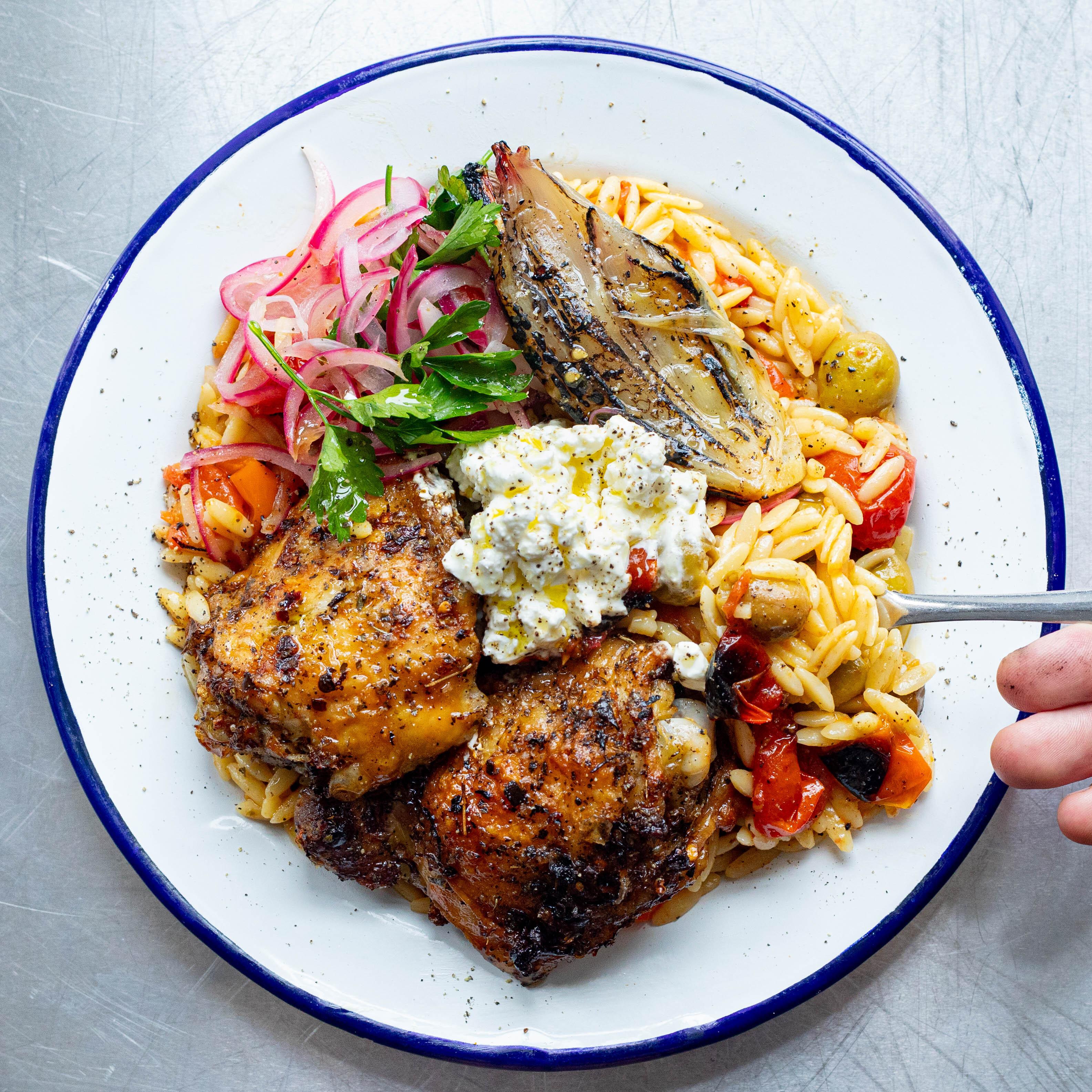 Tomato Shallot Olive Chicken Orzo