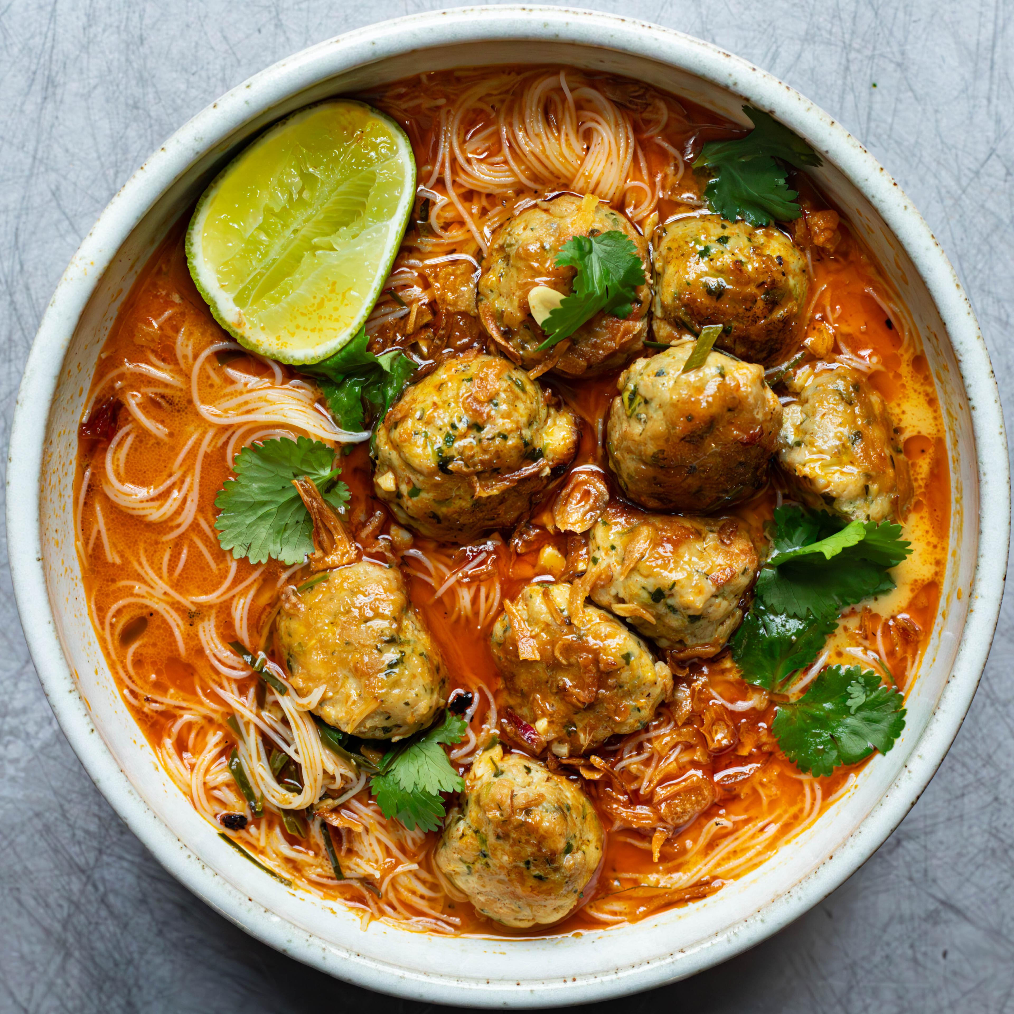 Chicken Lemongrass Meatballs with Curried Coconut Noodles