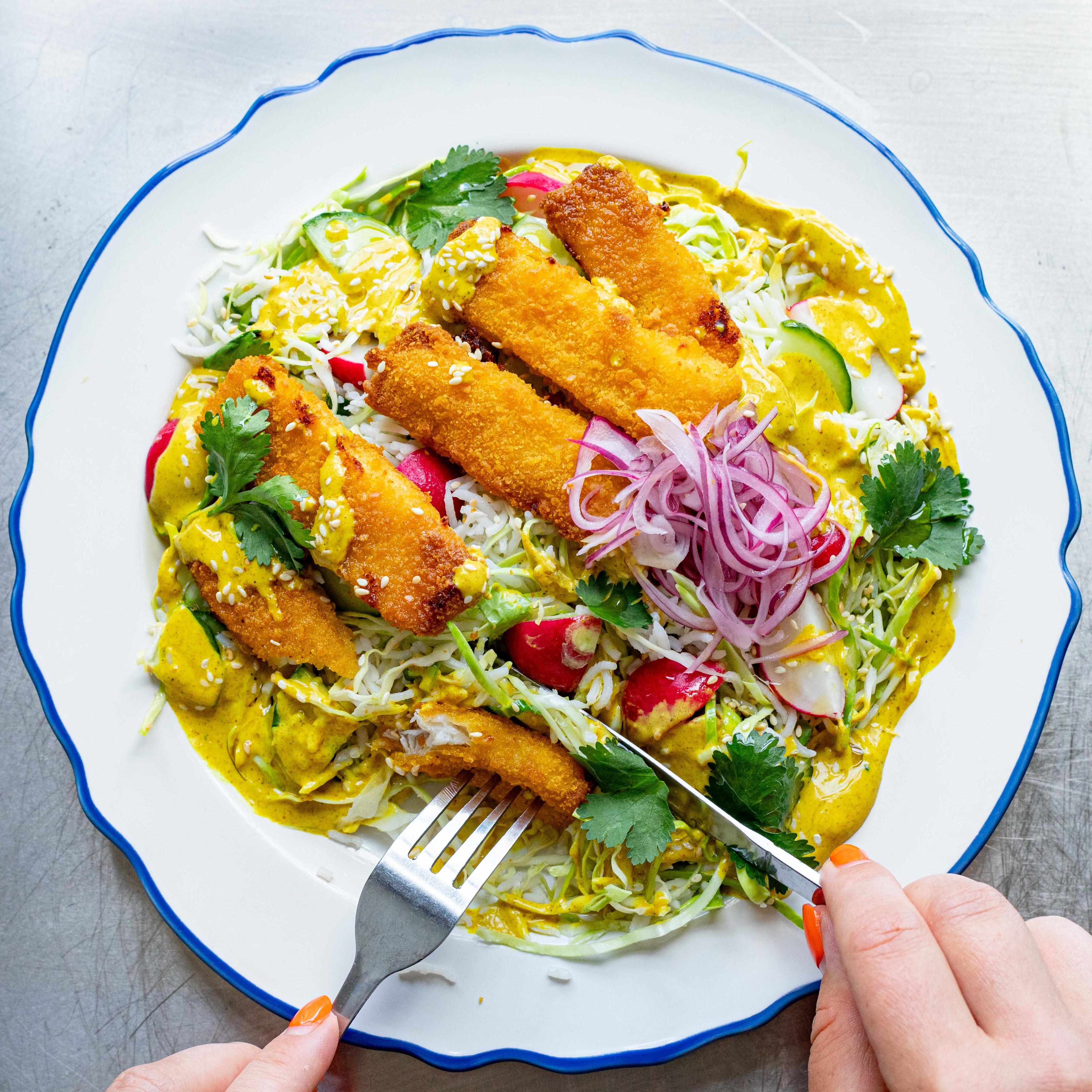 Crispy Chicken Katsu Salad with Curry Dressing