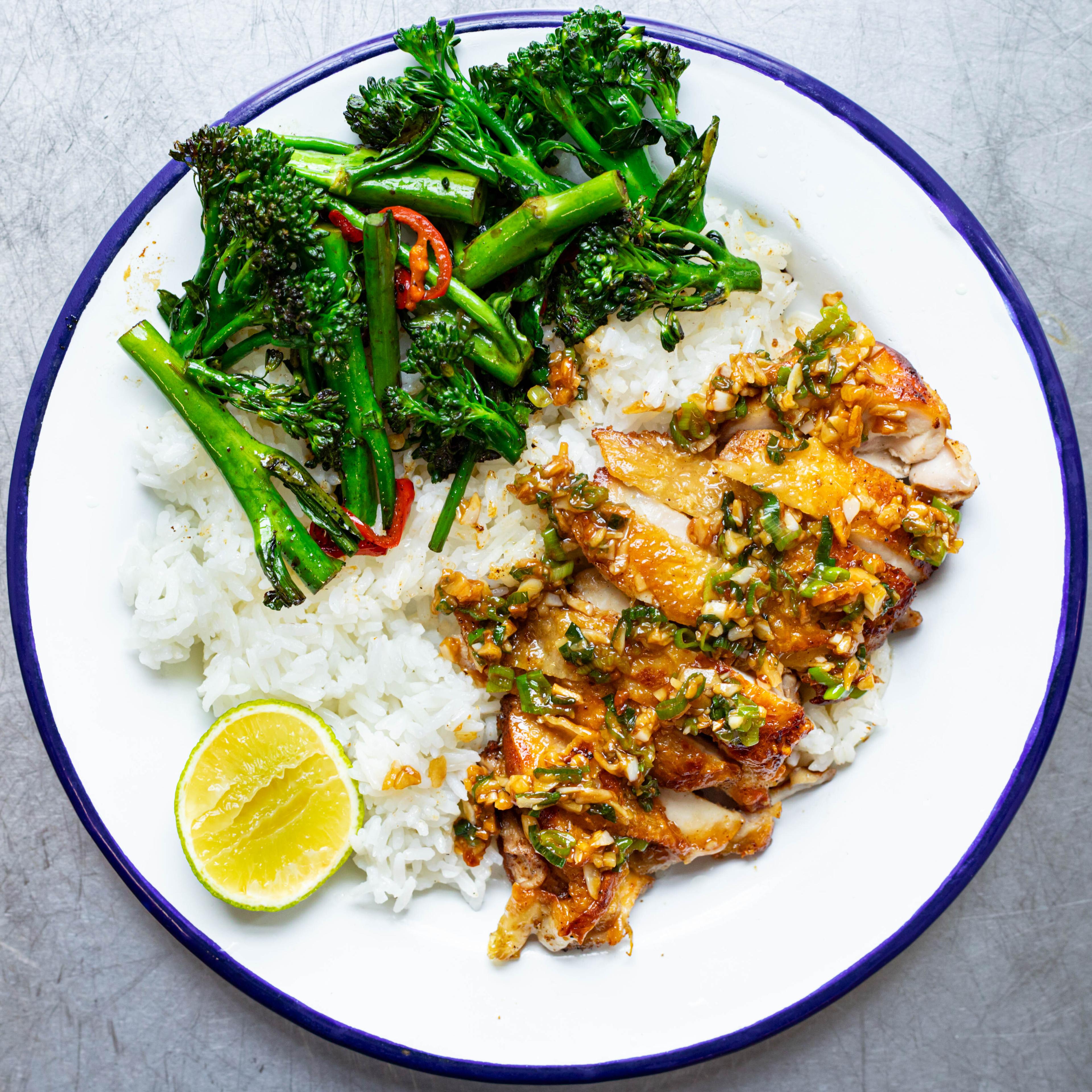 Crispy Garlic Chicken with Lime Chilli Broccoli Rice