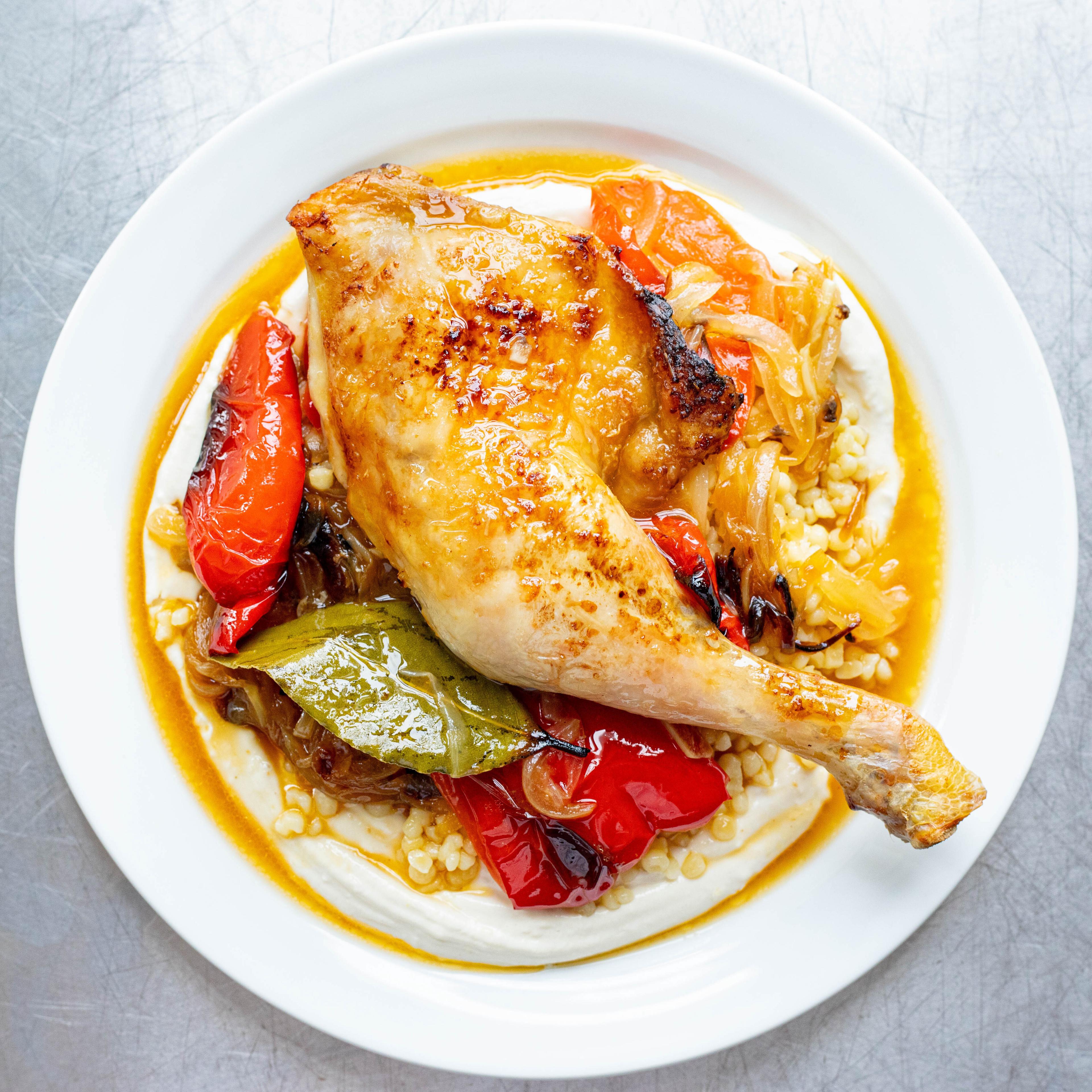 Dry brined Chicken Legs with Sweet Sour Peppers
