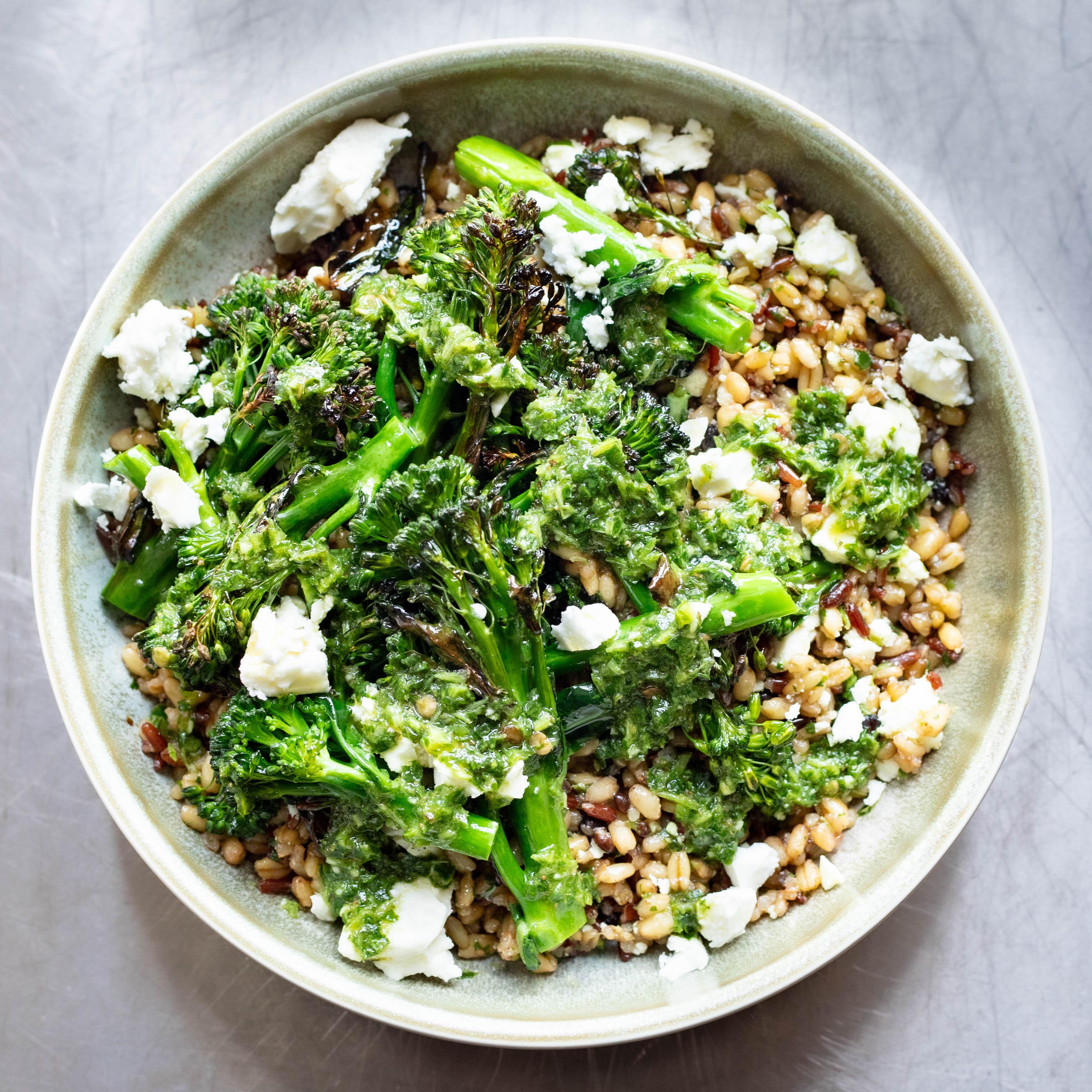 Grilled Broccoli Feta Chimichurri Grain Bowl