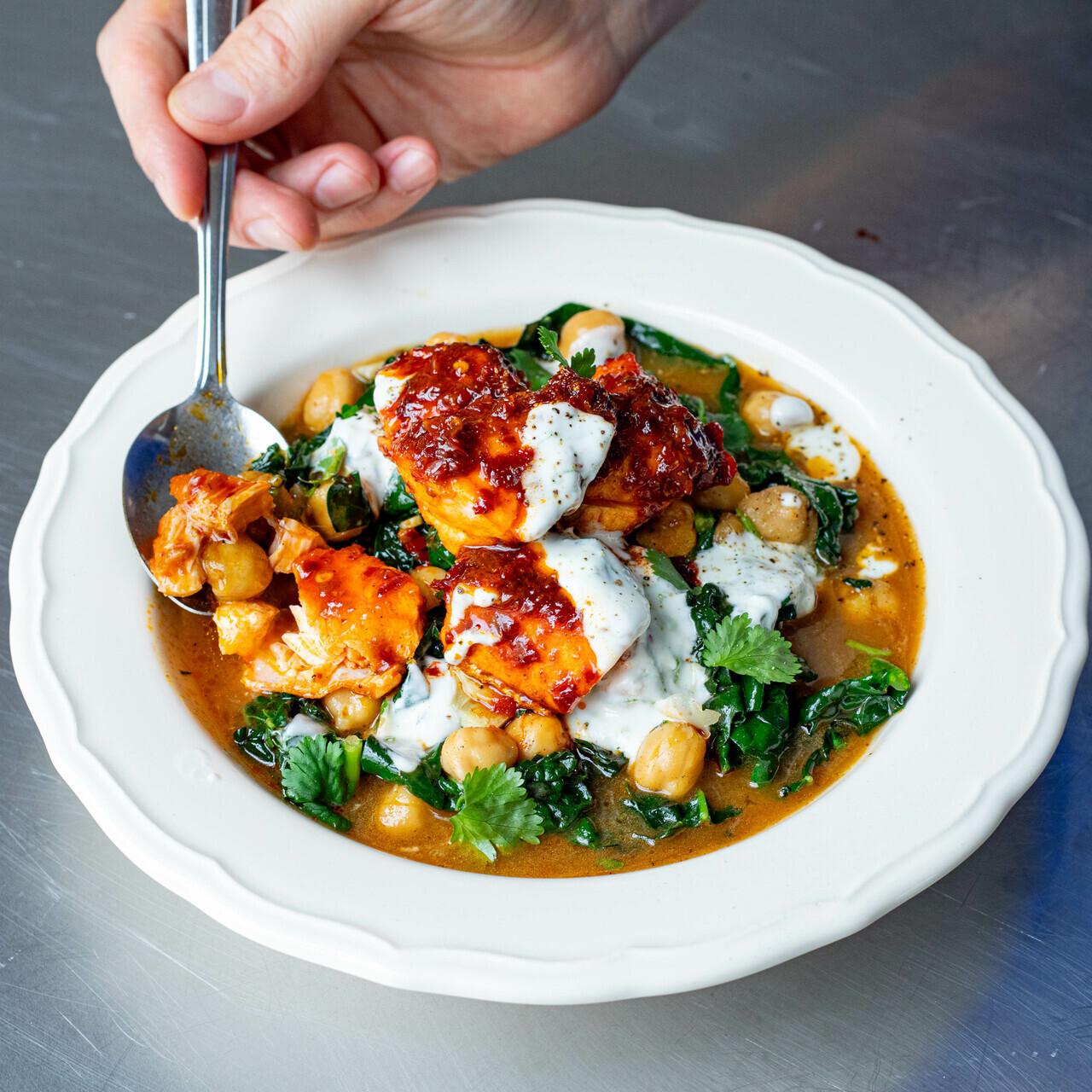 Harissa Salmon with Chickpeas Lime Yoghurt