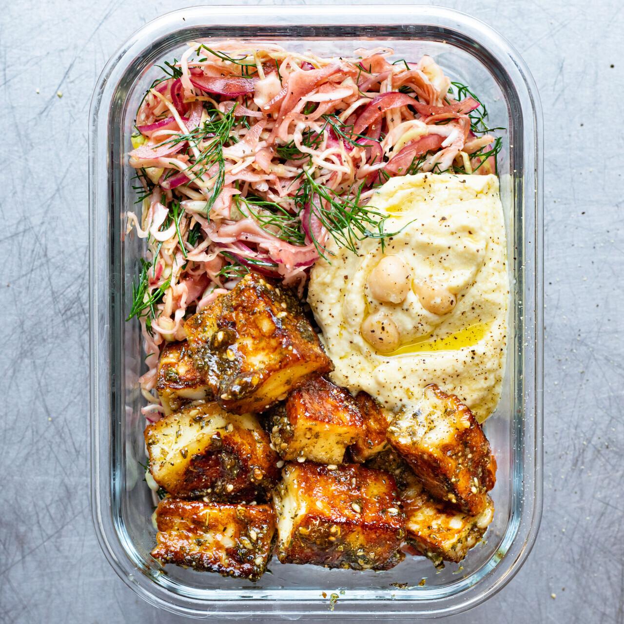 Honey Zaatar Halloumi Herby Pomegranate Slaw Hummus