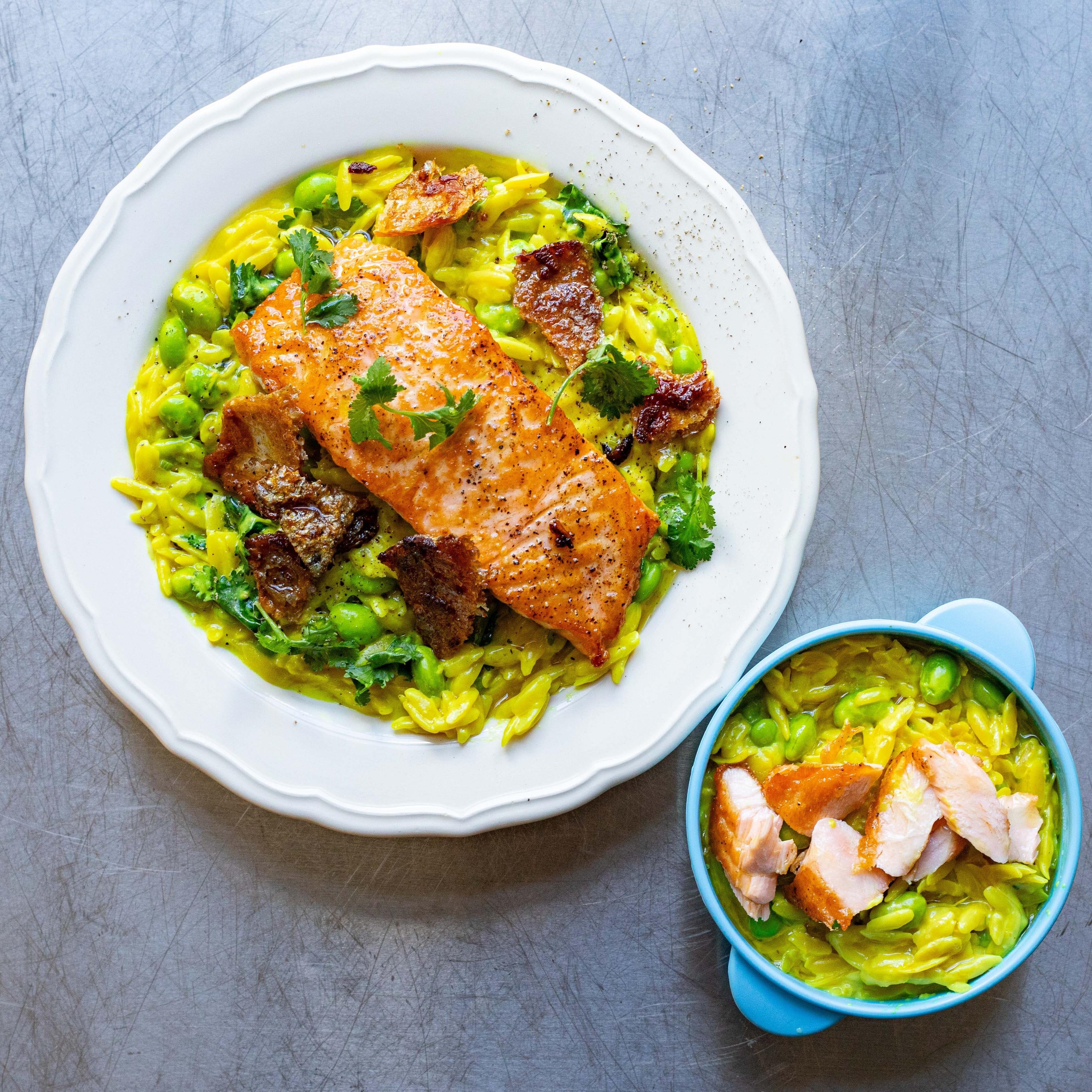 Oven Baked Salmon with Pea Risotto
