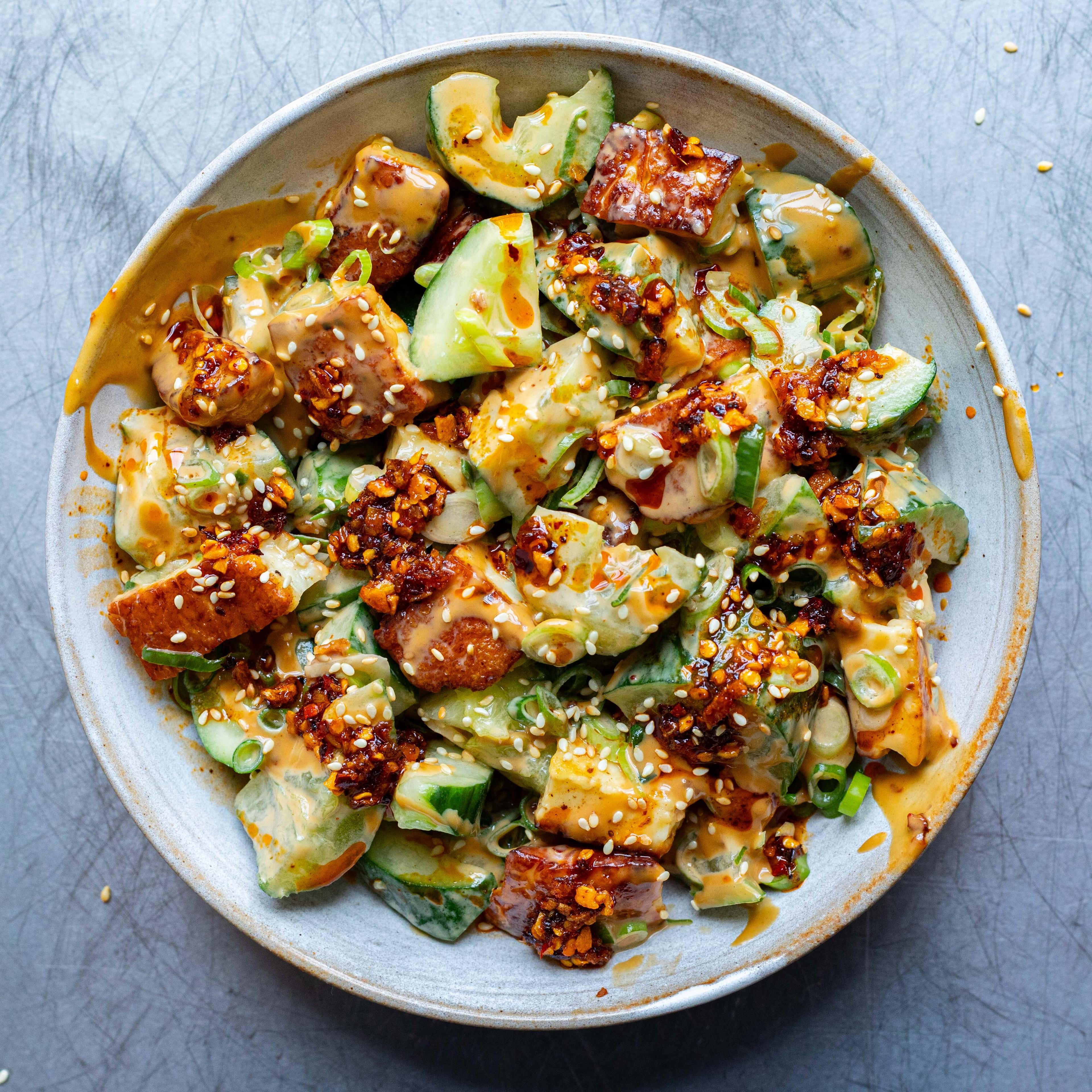 Smashed Cucumber Halloumi and Tahini Salad