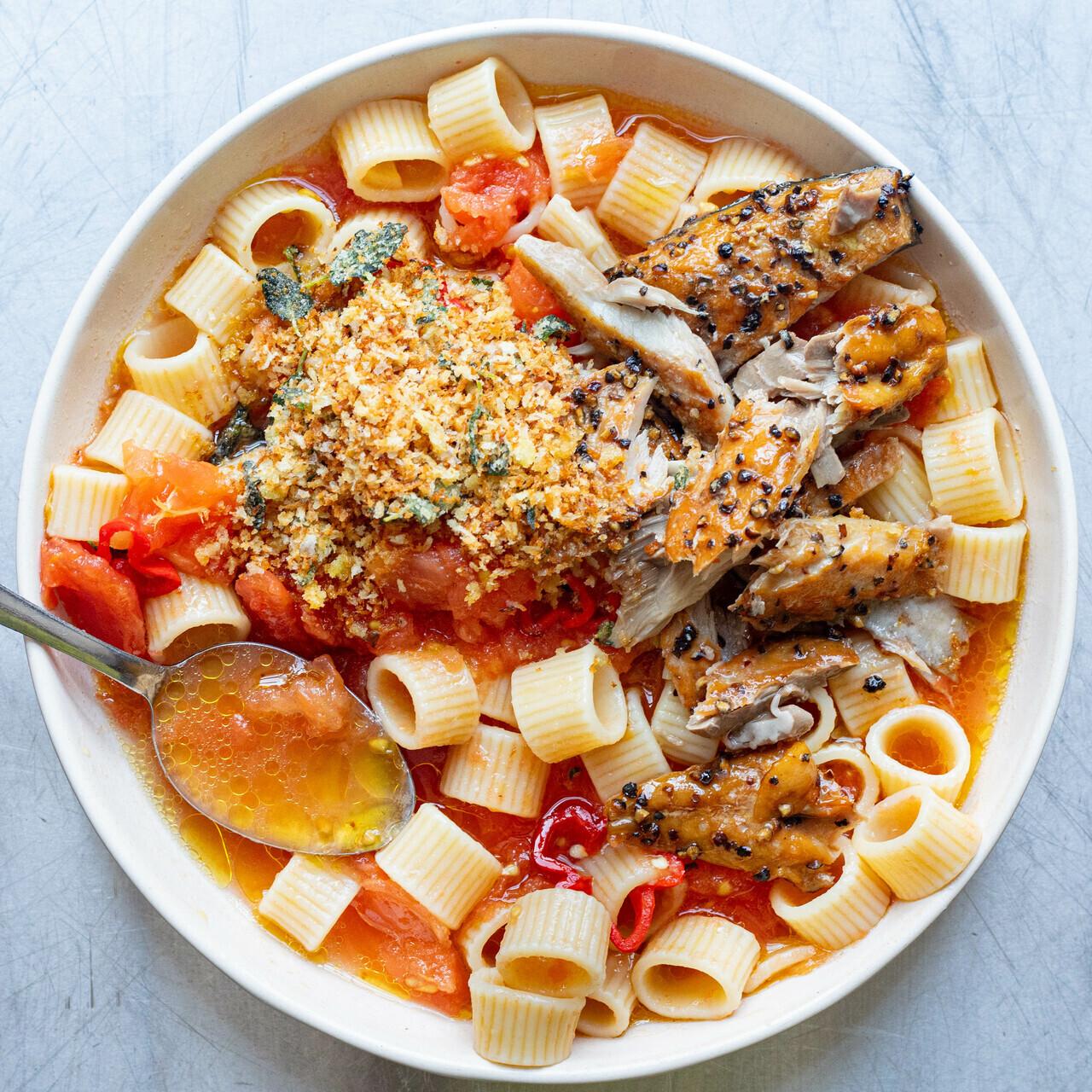 Squished Tomato Smoked Mackerel Pasta