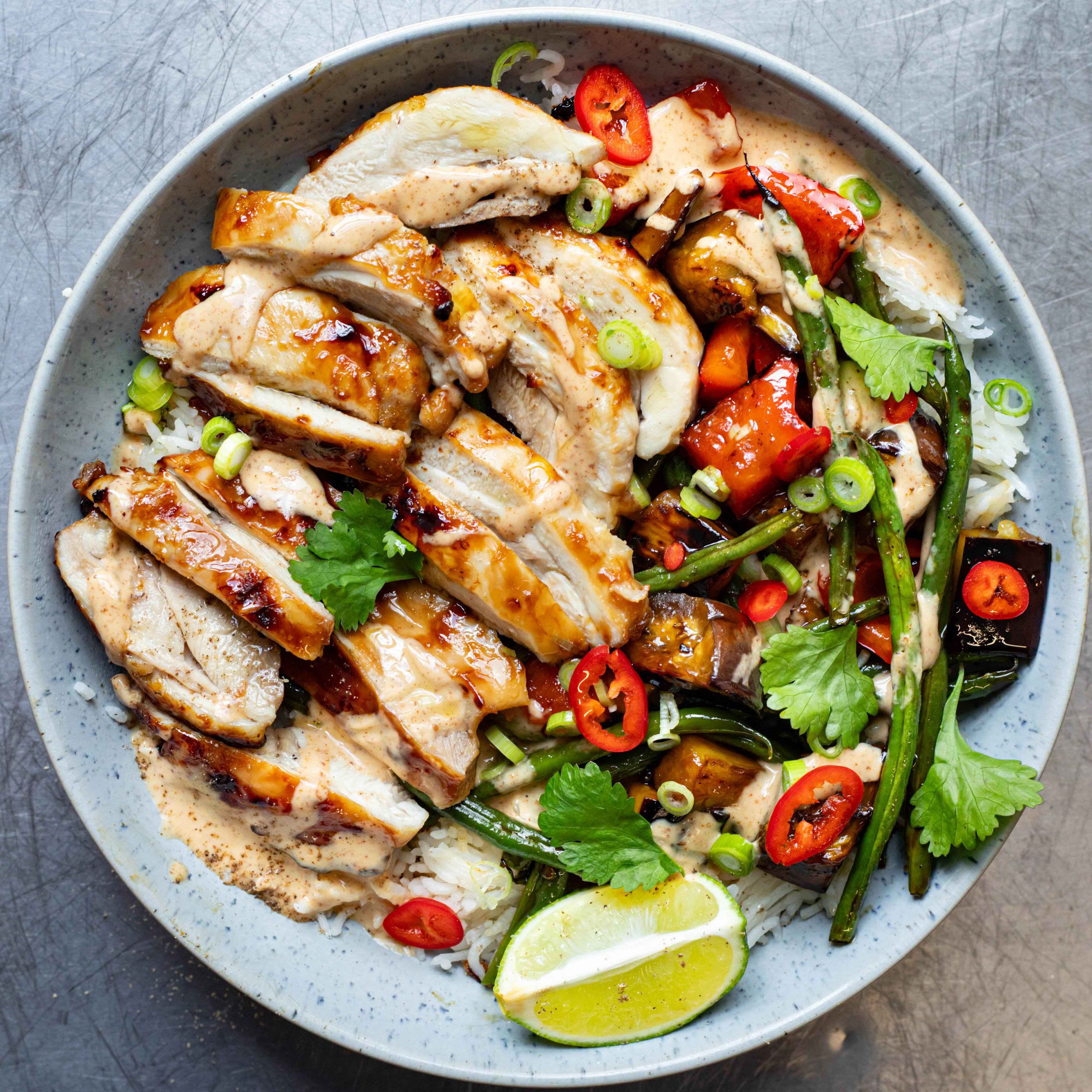 Sticky Soy Chicken Rice Bowl with Glazed Veg