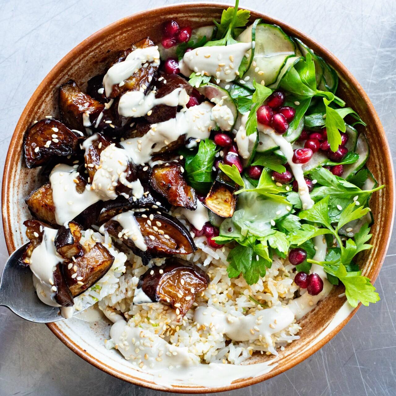 Sweet Sour Glazed Aubergines Sesame Rice
