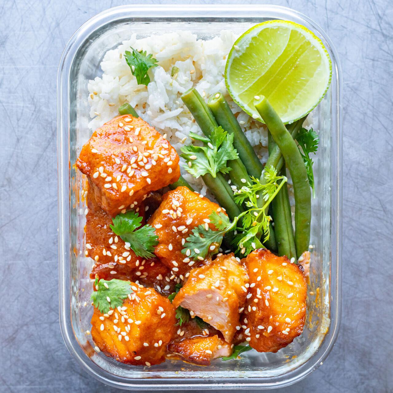 Thai Red Curry Salmon Bites with Lime Coconut Rice